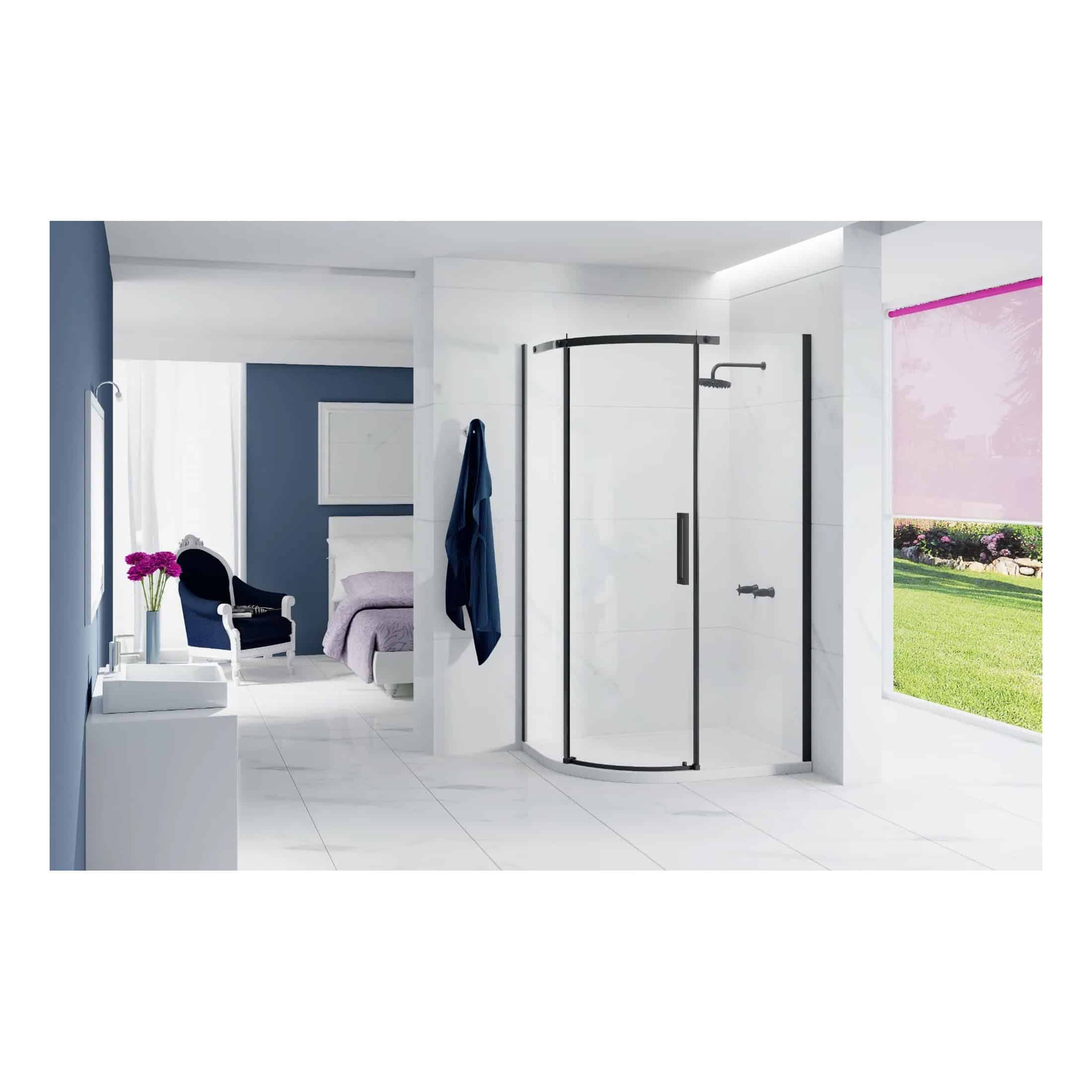 Sleek modern walk-in shower with black frame glass enclosure next to bedroom with navy wall, white furniture and large window showing garden view, designed for luxury bathroom comfort.