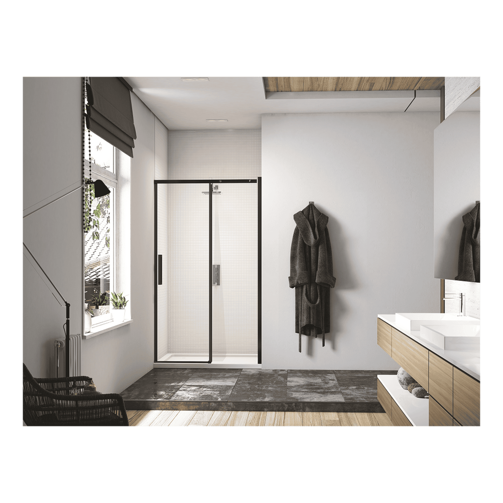 Modern minimalistic bathroom with walk-in shower, wooden vanity with double sinks, grey towels on wall, large window with black blinds, contemporary interior design, natural light, neutral colour palette.
