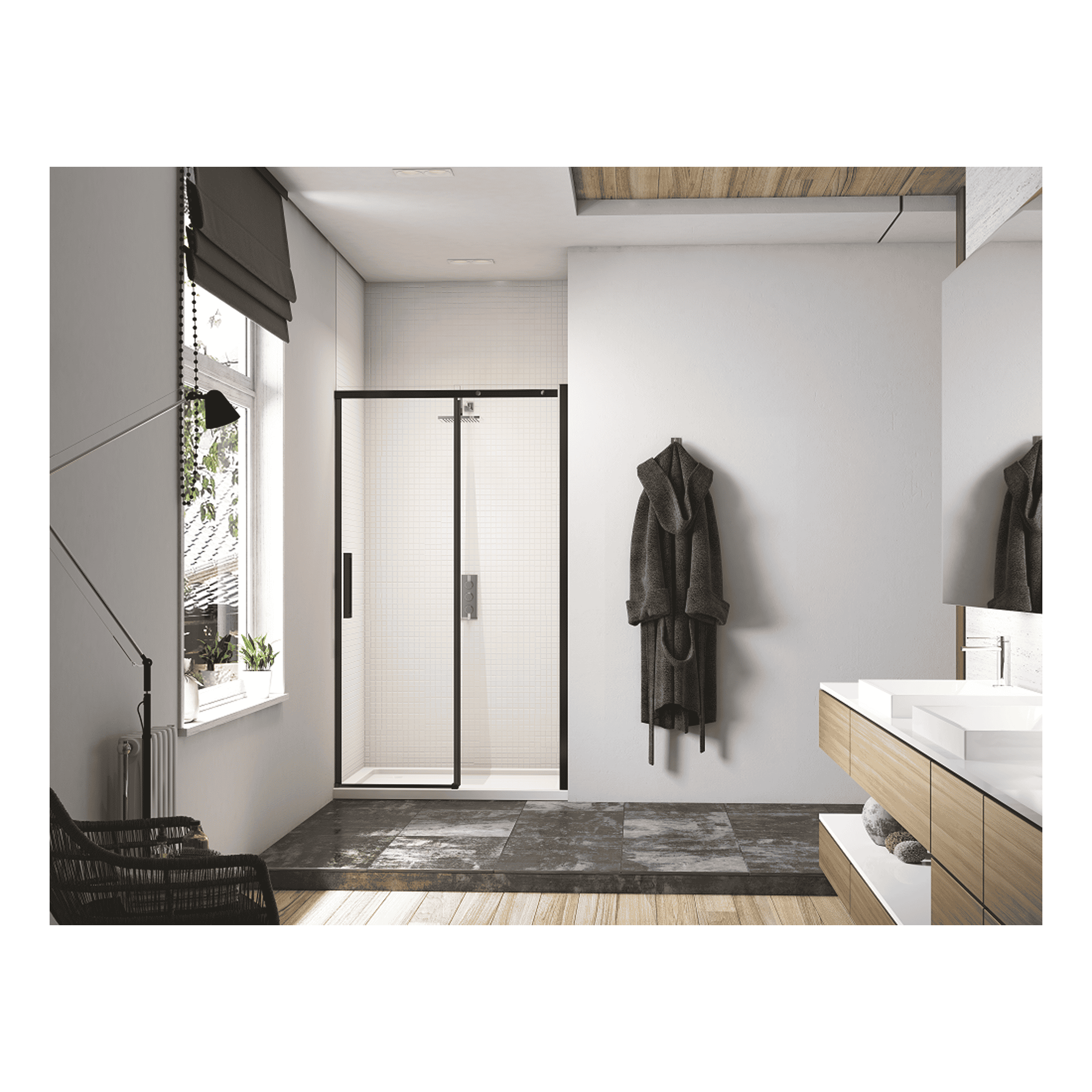 Modern minimalistic bathroom with walk-in shower, wooden vanity with double sinks, grey towels on wall, large window with black blinds, contemporary interior design, natural light, neutral colour palette.