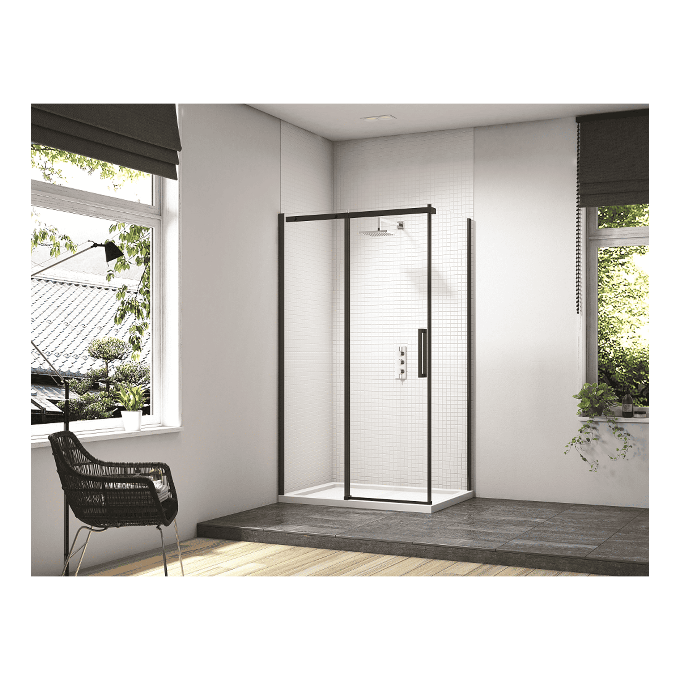 Sleek black-framed walk-in shower enclosure with glass panels, modern showerhead, and minimalist aesthetic, ideal for contemporary bathroom designs.