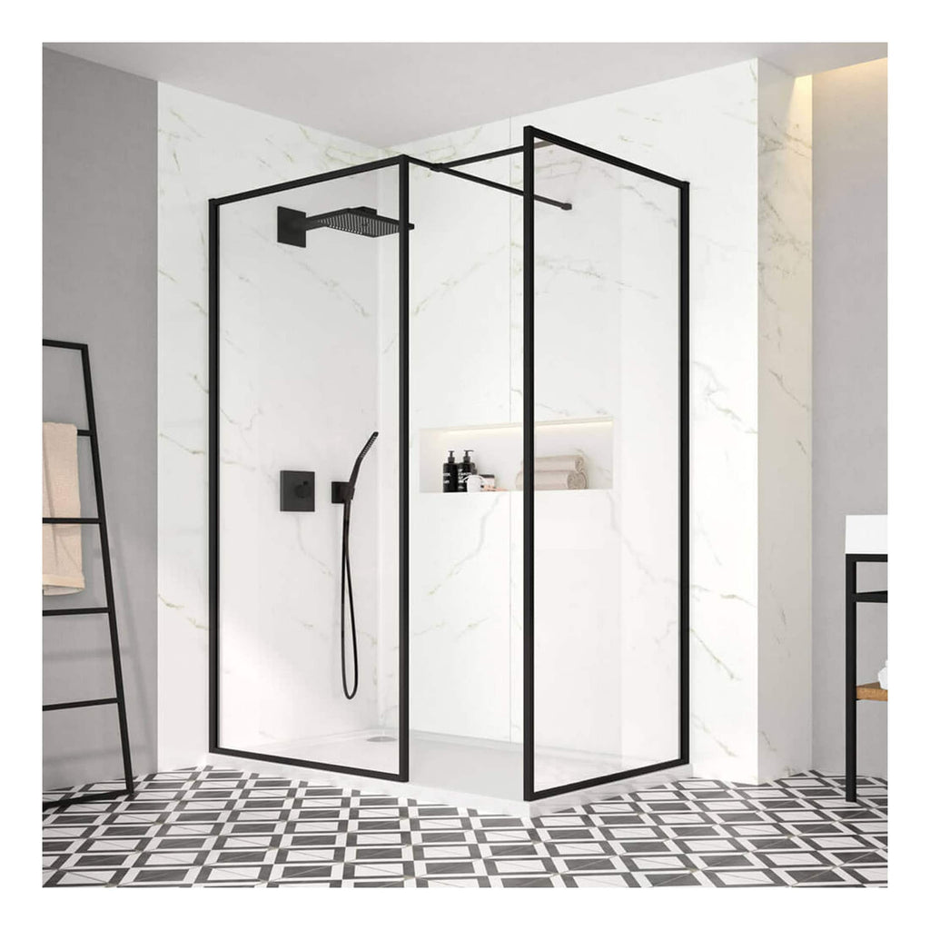 Sleek black-framed walk-in shower enclosure with modern minimalist design, featuring a black rainfall showerhead and hand shower, set against a white marble wall in a contemporary bathroom.