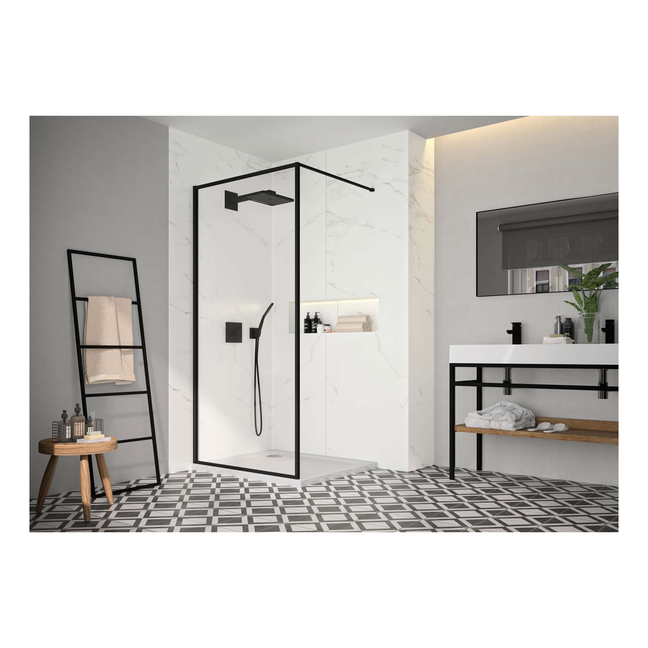 Sleek black-framed walk-in shower with rainfall showerhead and minimalist design, complemented by modern bathroom vanity with black fixtures and a geometric tile floor for a contemporary look.