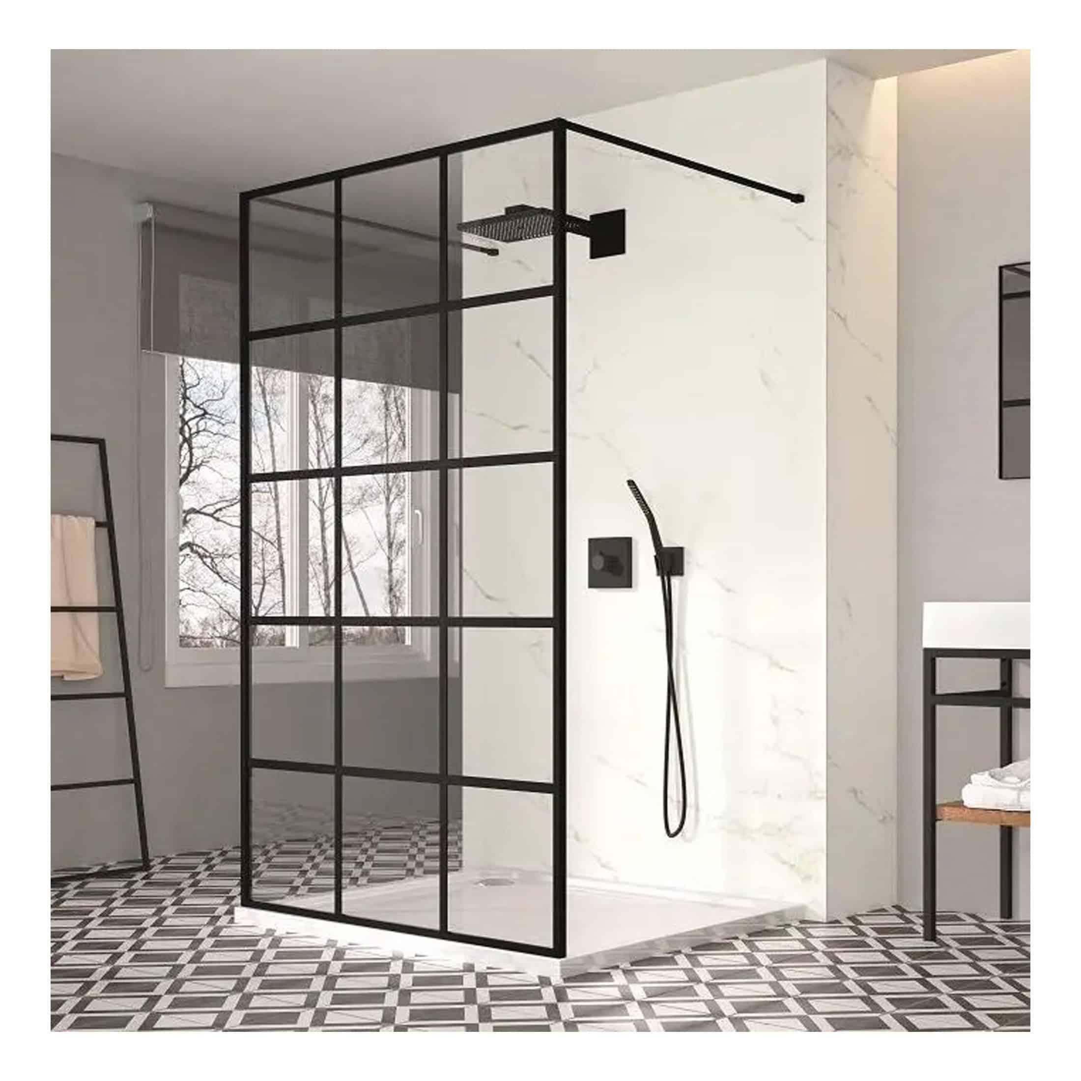 Sleek black-framed walk-in shower enclosure with modern rainfall showerhead and handheld option, set in a stylish bathroom with geometric tile flooring and minimalist decor for contemporary bathroom design.