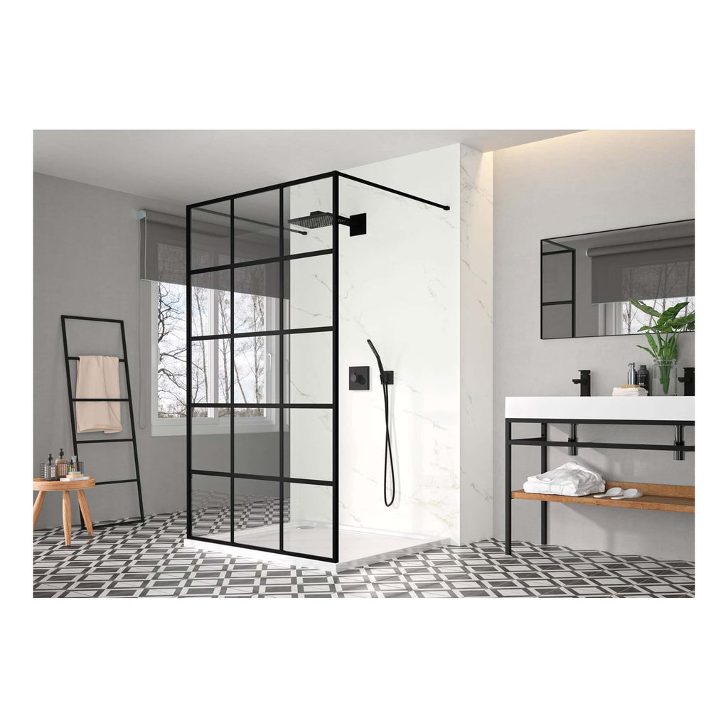 Modern black-framed glass shower enclosure in a contemporary bathroom with patterned floor tiles, white marble wall, and minimalist fixtures.