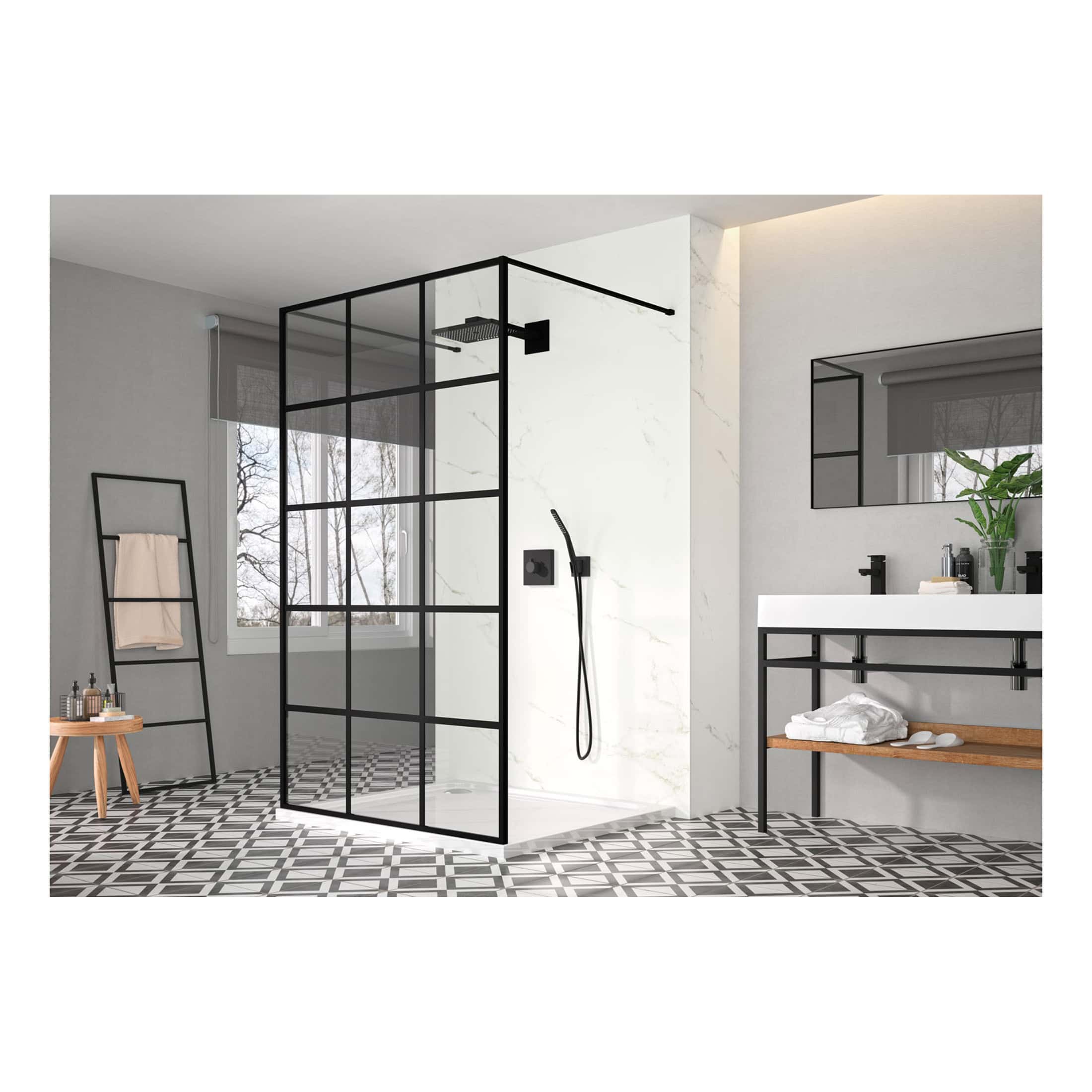 Modern black-framed glass shower enclosure in a contemporary bathroom with patterned floor tiles, white marble wall, and minimalist fixtures.