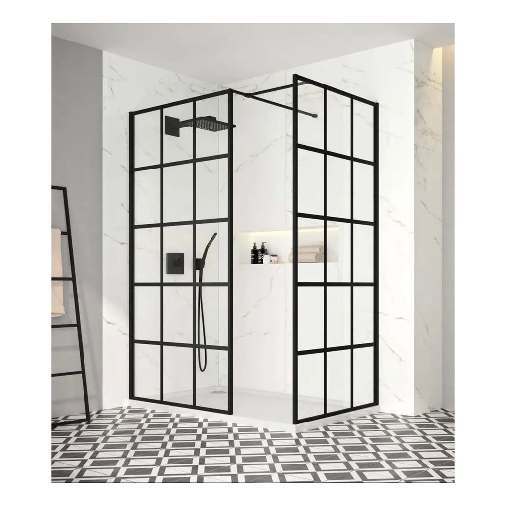 Stylish glass shower enclosure with black metal framing, modern minimalist design, and a black showerhead, perfect for contemporary bathroom renovations.