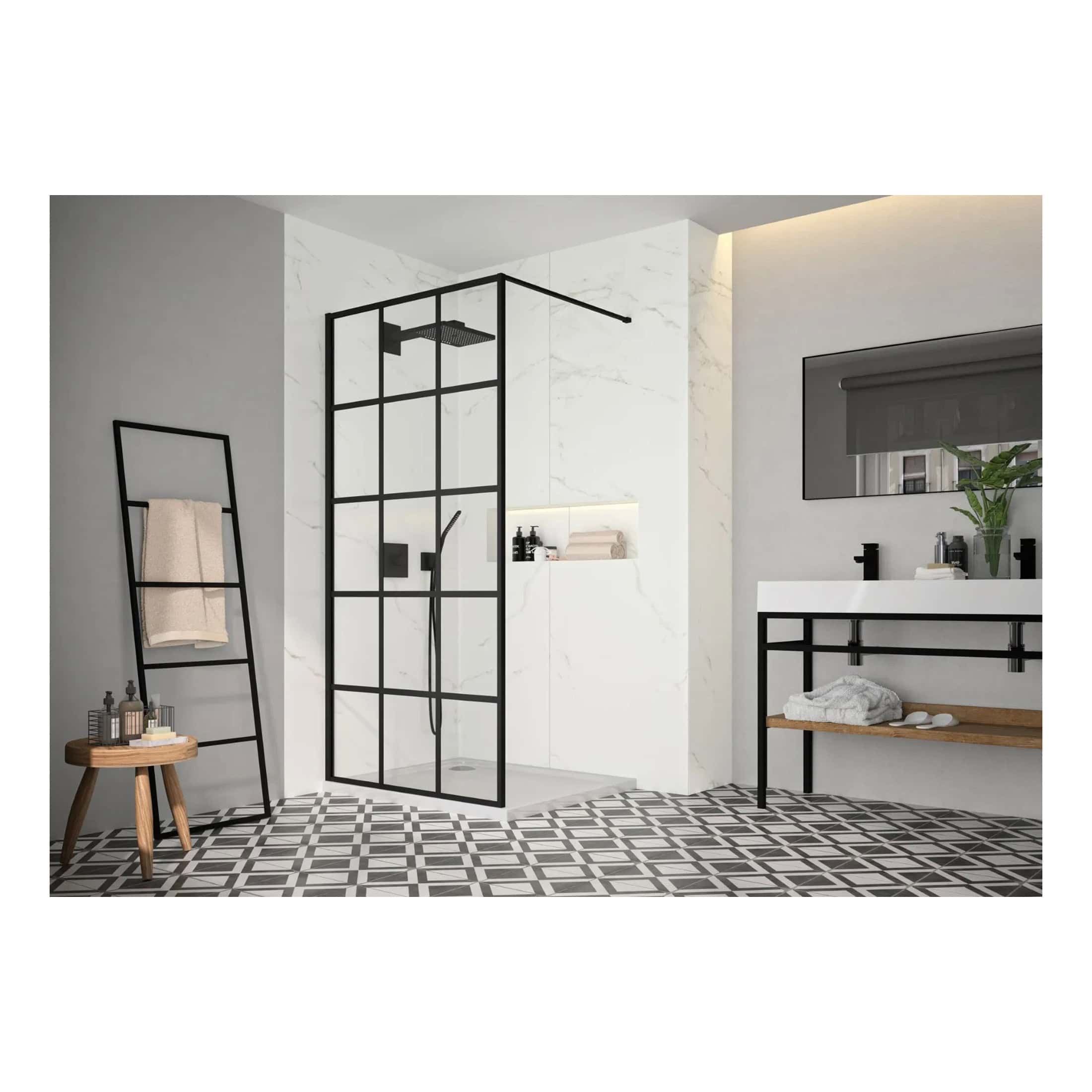Black metal framed walk-in shower enclosure with rain shower head in modern bathroom design.