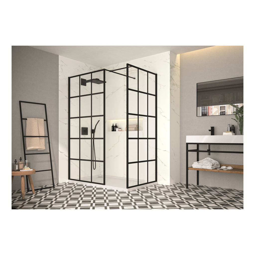 Sleek black-framed glass shower enclosure with modern minimalist design, featuring marble wall accents and geometric patterned floor tiles for stylish bathroom renovation.
