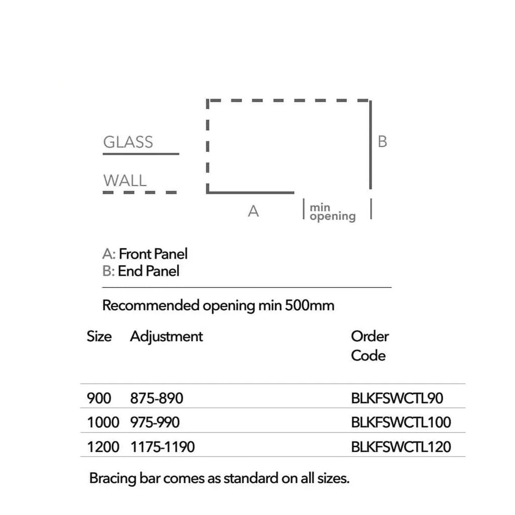 Minimal shower enclosure with a glass front panel and wall-mounted fitting, designed for modern bathroom spaces. Features detailed size options and installation guidelines, ideal for ensuring optimal fit and functionality.
