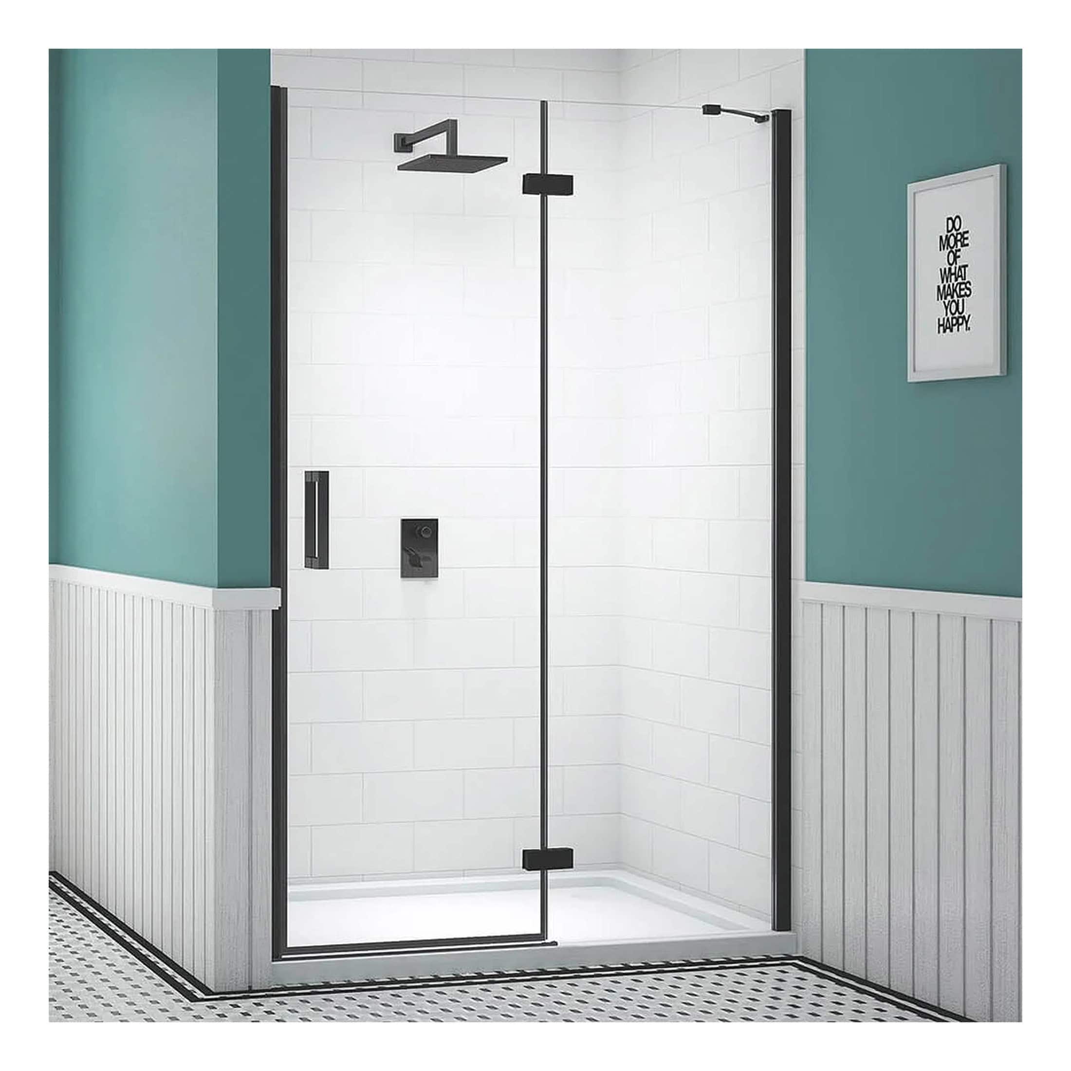 Sleek black-framed glass shower enclosure with modern matte black fixtures in a contemporary bathroom setting. Perfect for stylish, functional shower spaces.