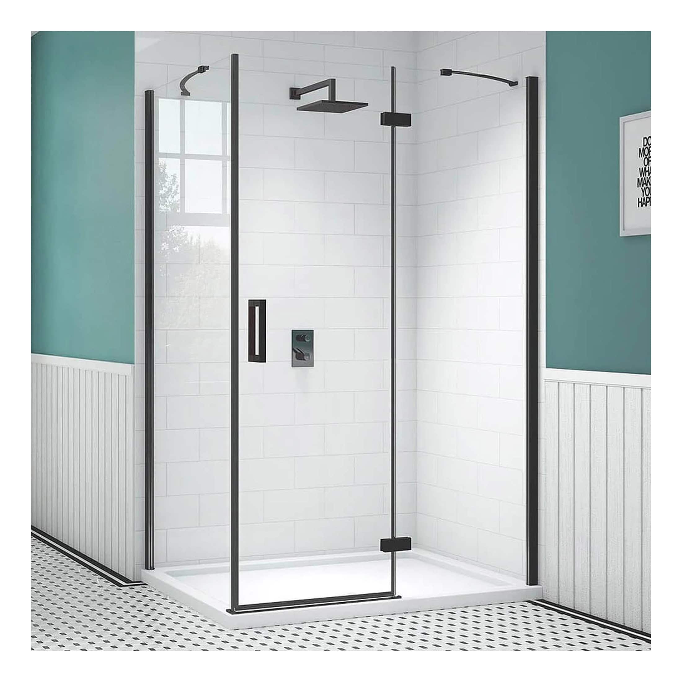Sparkling modern shower enclosure with sleek black framing, designed for stylish Bubly Bathrooms, perfect for contemporary bathroom renovations and luxury shower upgrades.