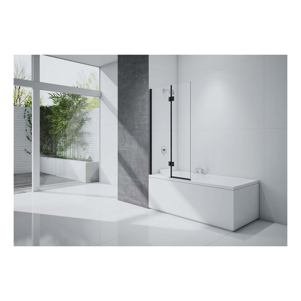 Sleek modern bathroom with minimalist white bathtub, walk-in shower with glass partition, large floor-to-ceiling windows, and stylish grey accent wall, showcasing contemporary bathroom design from Bubly Bathrooms.