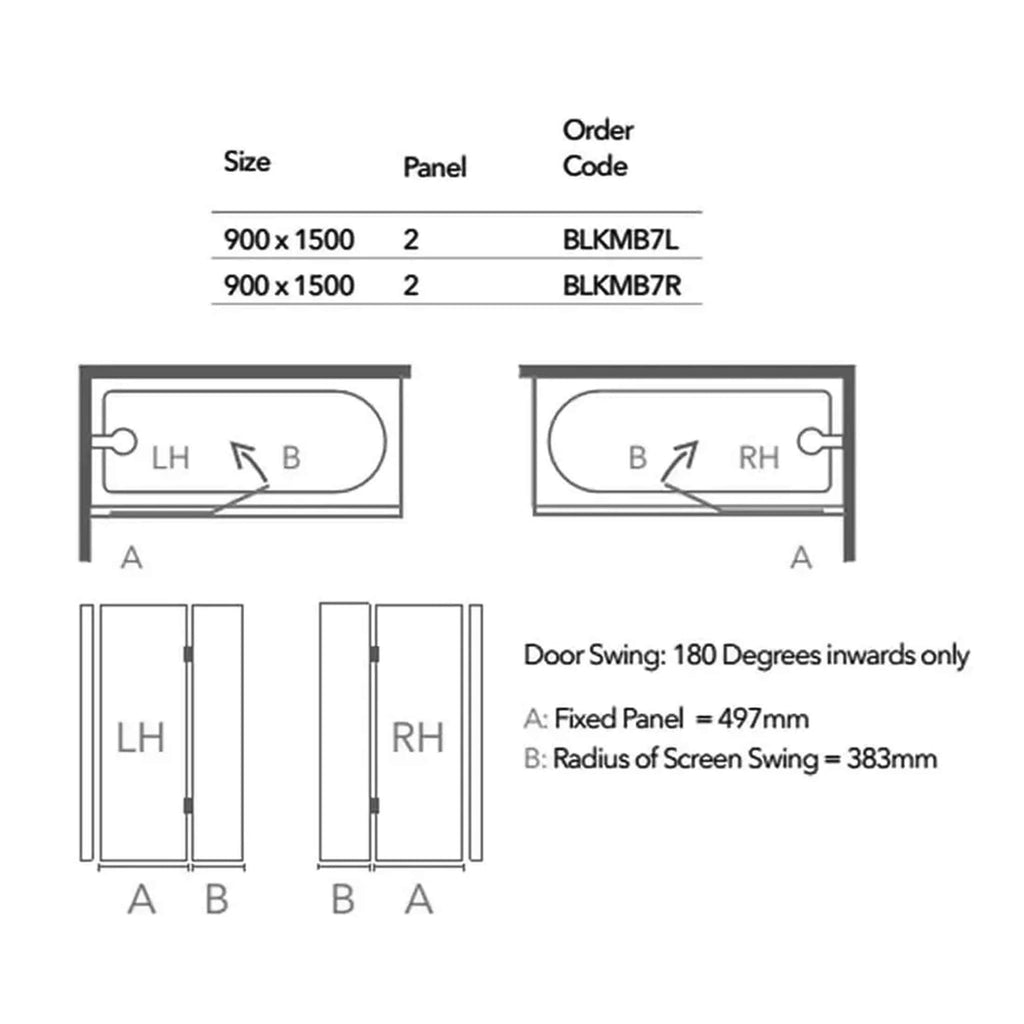 900 x 1500mm bathroom screen layout with fixed panels for left-hand and right-hand configurations, designed for seamless shower enclosure installation.