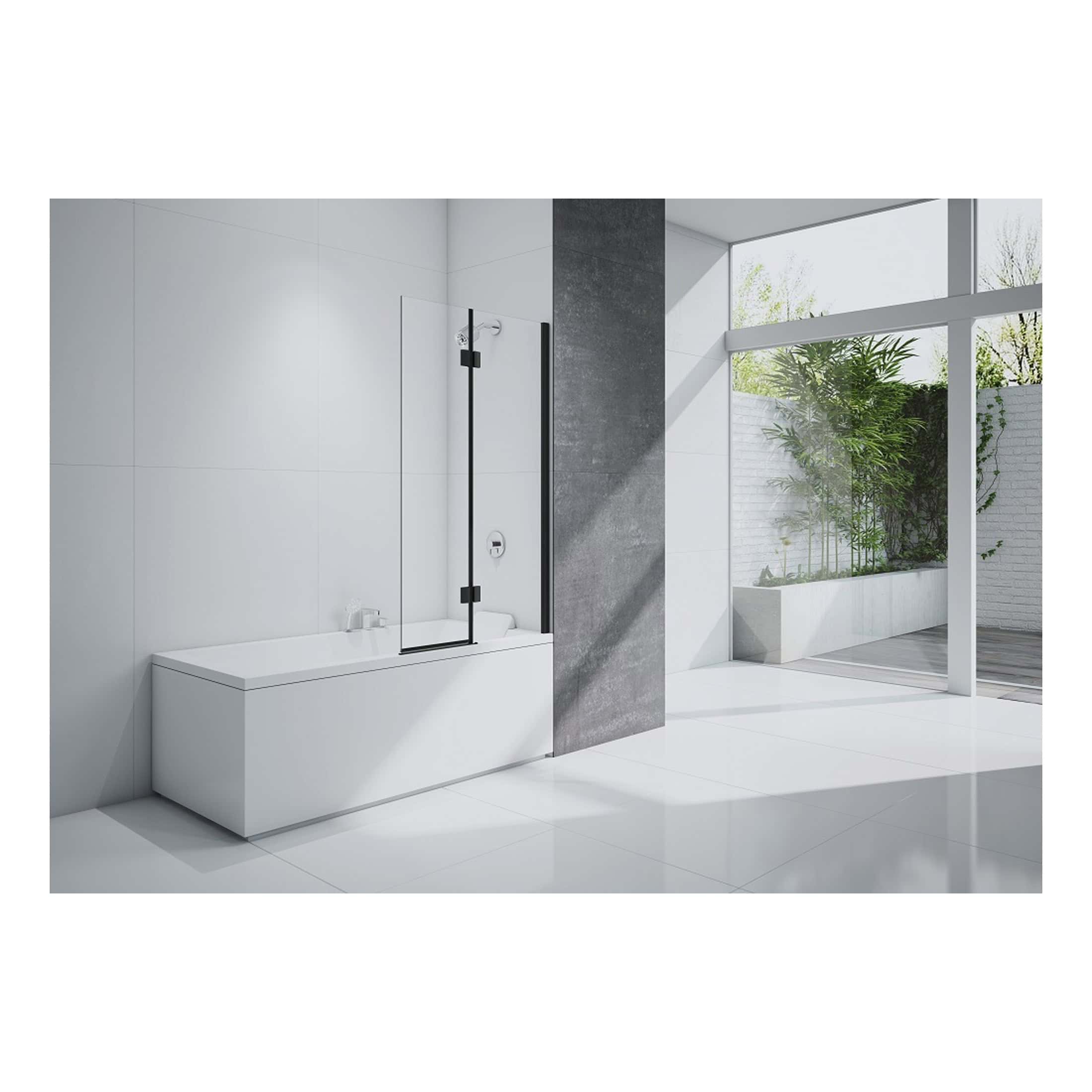 Contemporary bathroom with a sleek bathtub and modern glass shower enclosure, featuring minimalist design, white tiles, and large windows with greenery outside. Perfect for luxurious bathroom renovations.