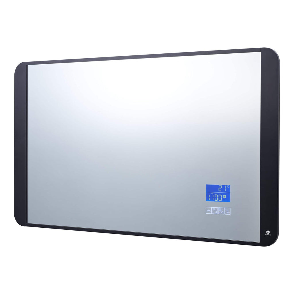 Smart bathroom mirror with touch controls and temperature display, modern design for stylish interior bathrooms.