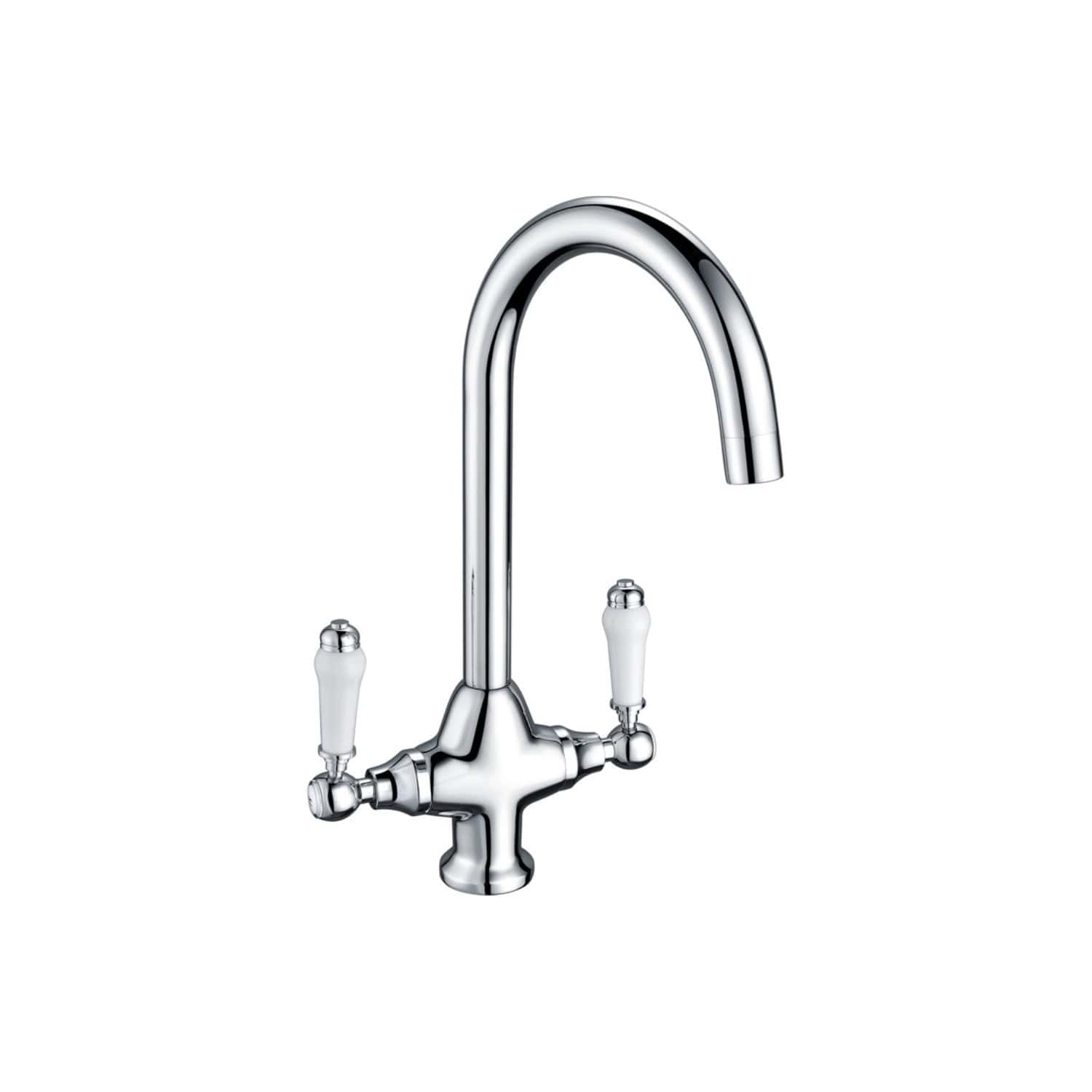 Sleek chrome kitchen tap with dual handles, ideal for modern bathrooms and kitchens, providing reliable water flow and elegant design. Perfect for enhancing bathroom aesthetic and functionality.