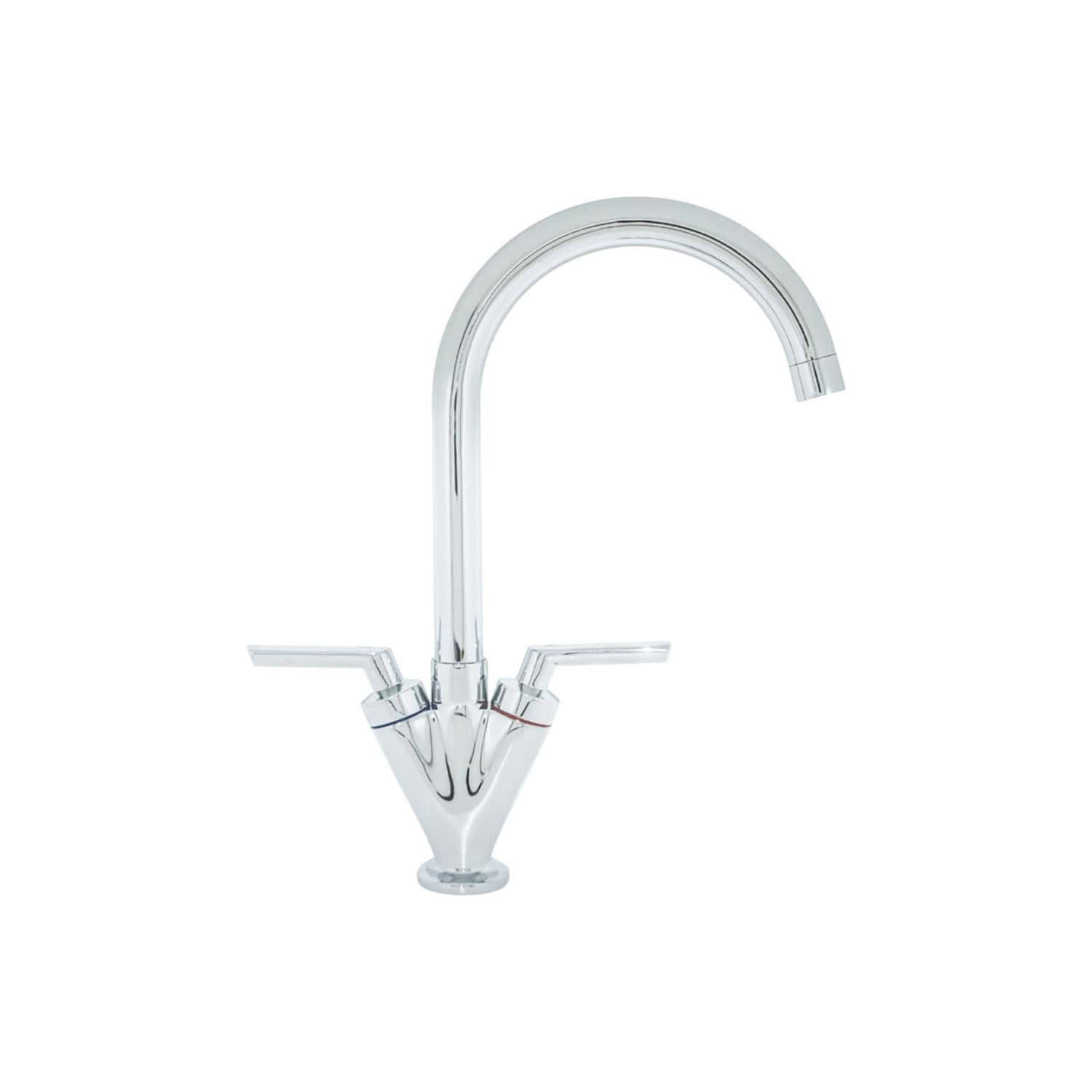 Polished chrome kitchen tap with two-handle design, high-arc spout, modern style, suitable for contemporary kitchen sinks. Perfect for upgrading your kitchen with durable, stylish fixtures.