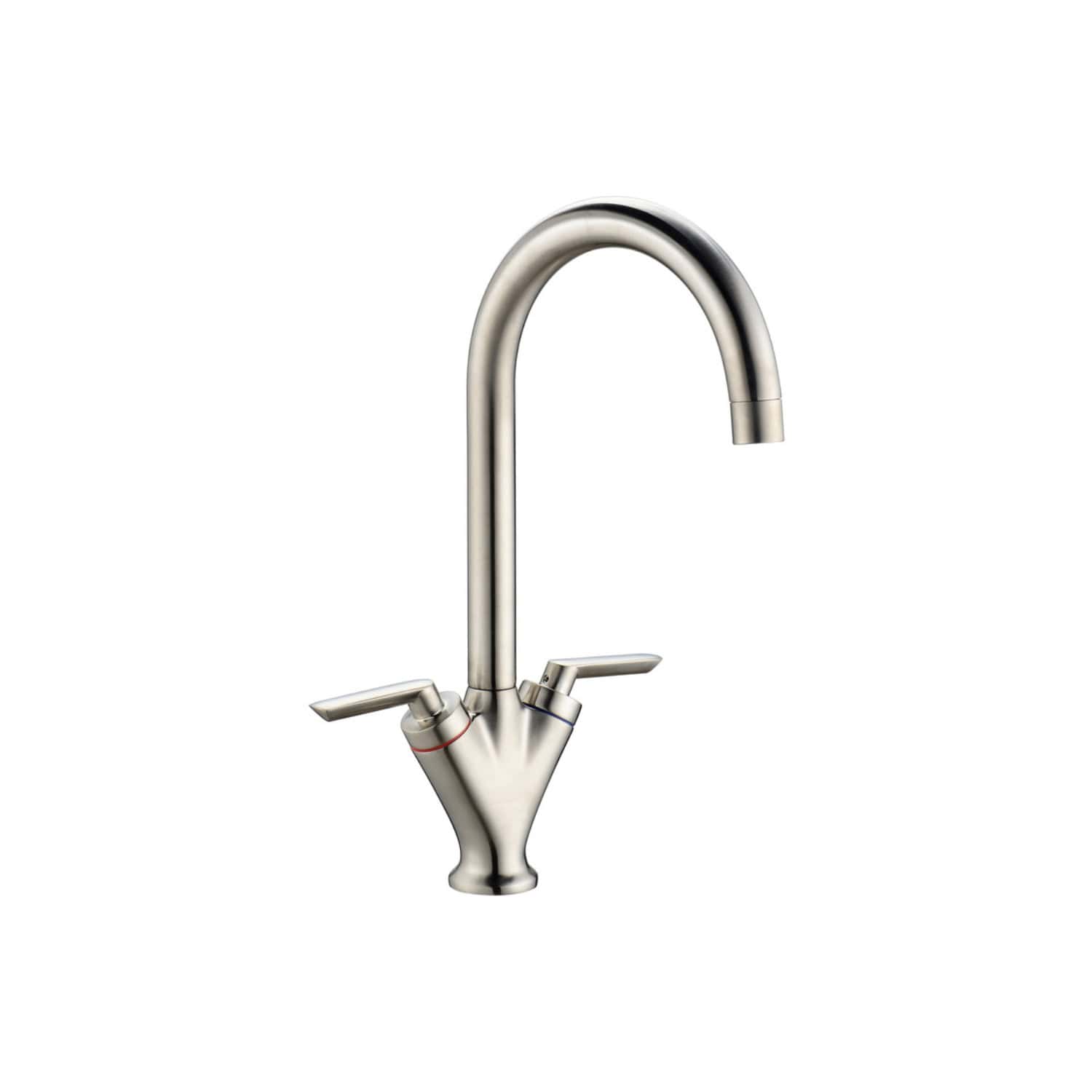 Sleek stainless steel kitchen tap with dual lever handles and high-arc spout, ideal for modern bathrooms and kitchens. Designed for durability, style, and efficient water flow in contemporary bathrooms.