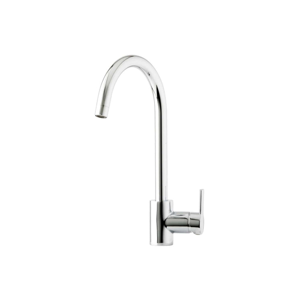 Sleek modern chrome kitchen tap with a high-arc spout, ideal for contemporary bathrooms and kitchens, providing easy access and efficient water flow.