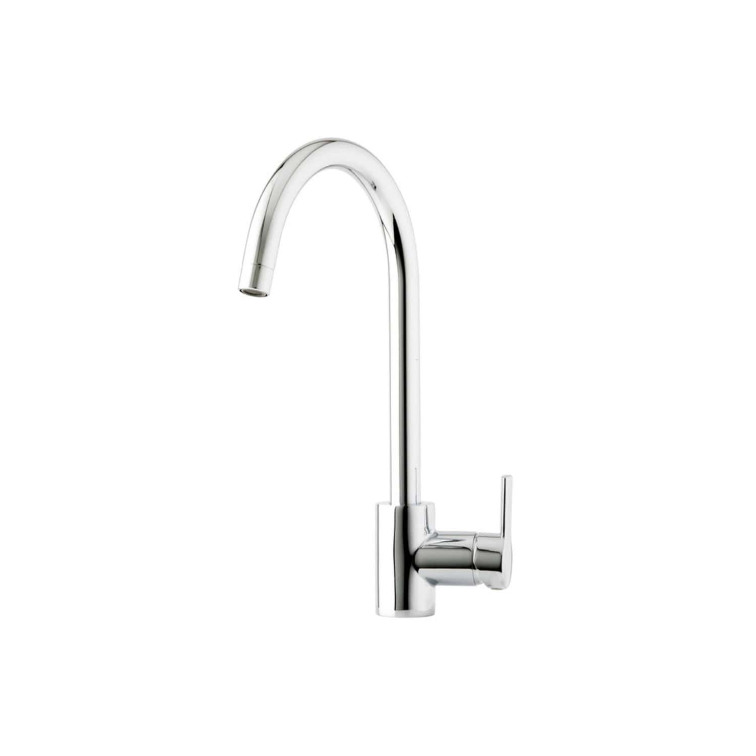 Sleek modern chrome kitchen tap with a high-arc spout, ideal for contemporary bathrooms and kitchens, providing easy access and efficient water flow.