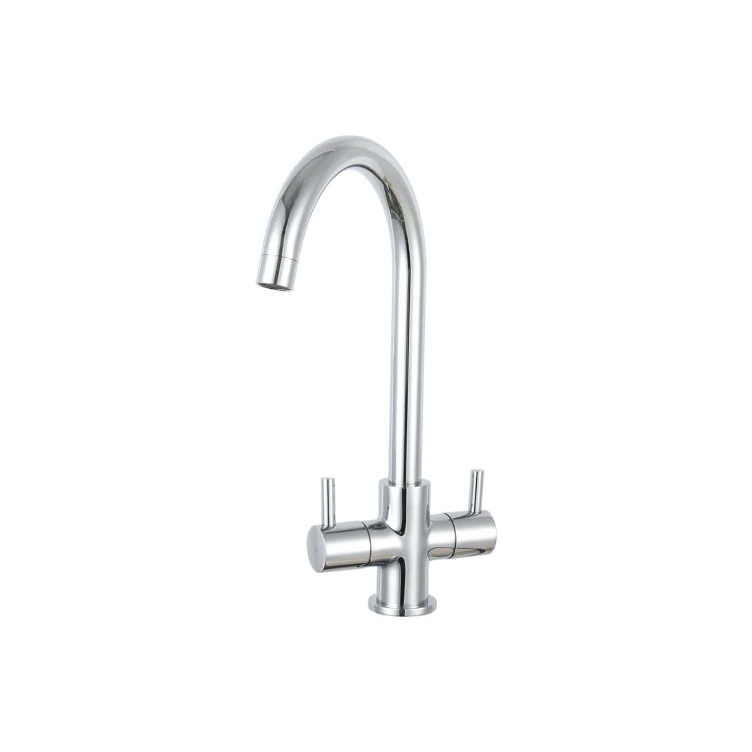 Sleek modern chrome kitchen tap with a high arc spout and dual lever handles, ideal for contemporary bathrooms and kitchens. Durable and stylish design perfect for water efficiency upgrades.
