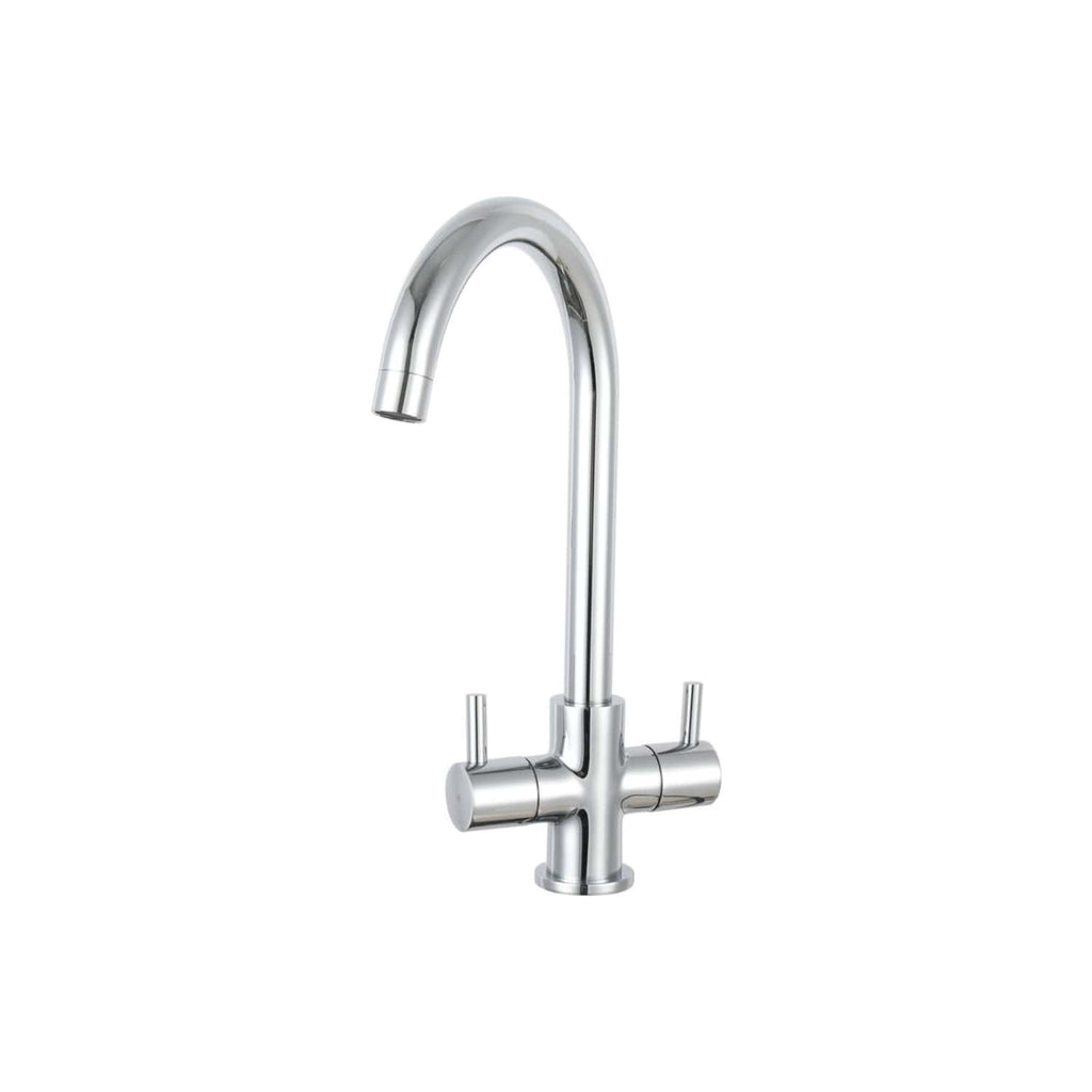 Sleek modern chrome kitchen tap with a high arc spout and dual lever handles, ideal for contemporary bathrooms and kitchens. Durable and stylish design perfect for water efficiency upgrades.