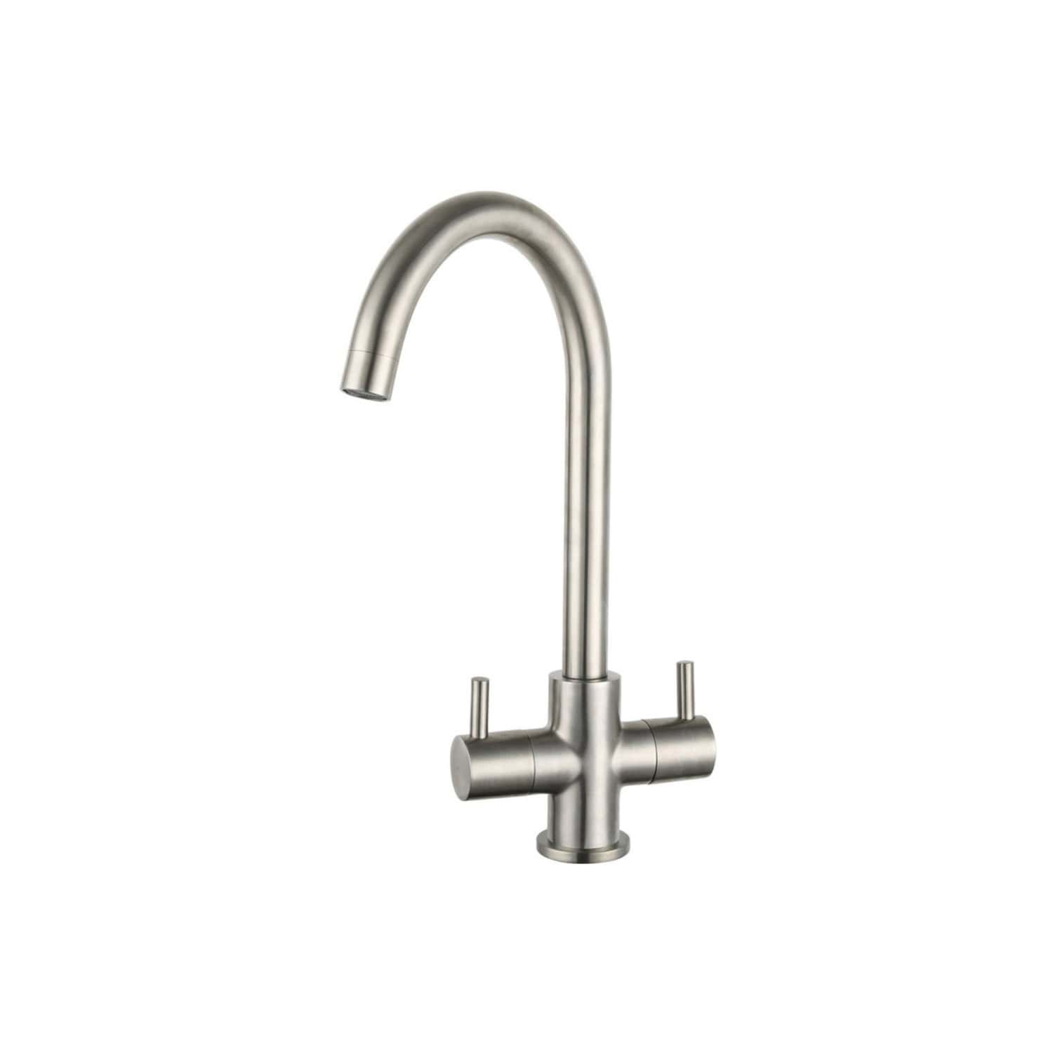 Sleek stainless steel kitchen tap with high-arc spout for modern bathrooms and kitchens, featuring dual handles for precise water control and durable construction.