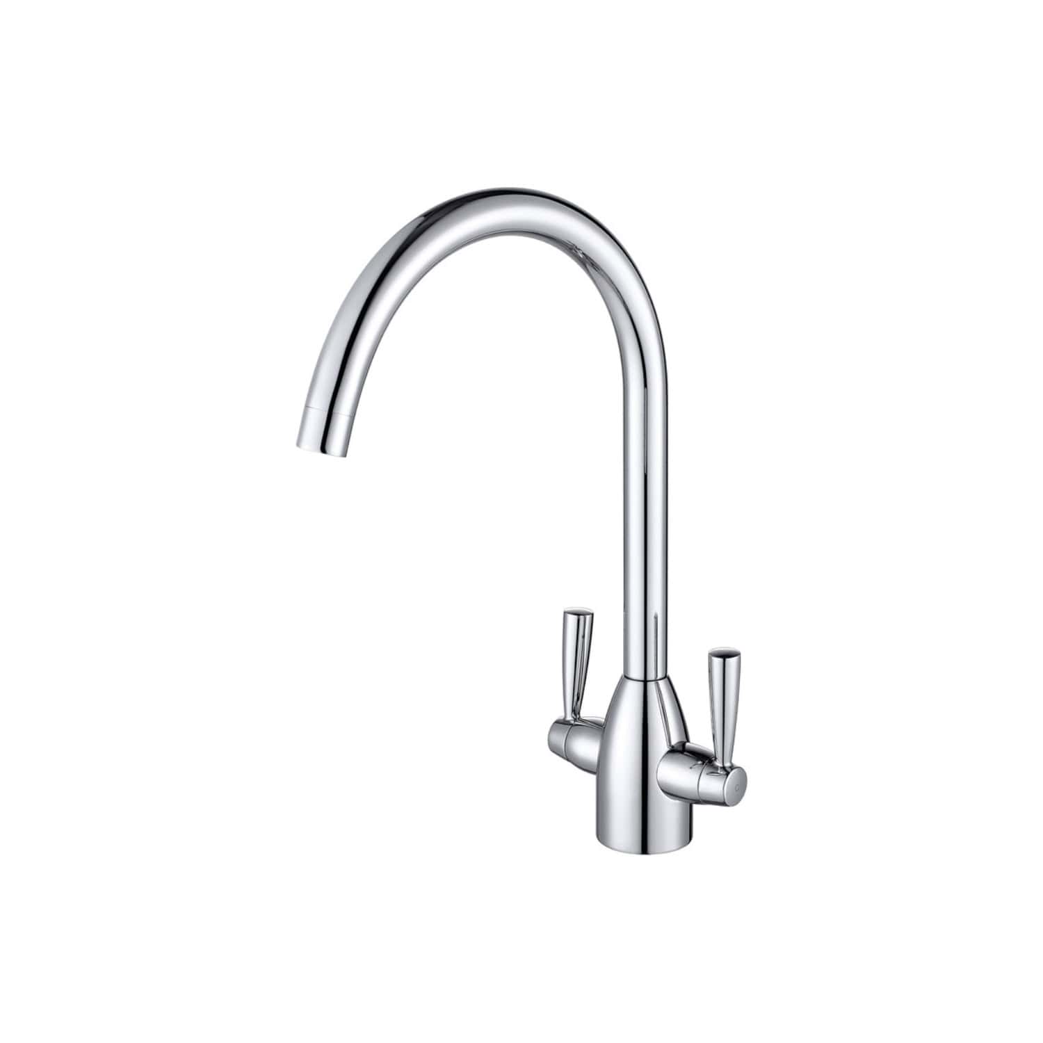 Shiny chrome kitchen single-handle mixer tap with high-arc spout, ideal for modern bathrooms and kitchens. Durable and stylish for seamless water control.