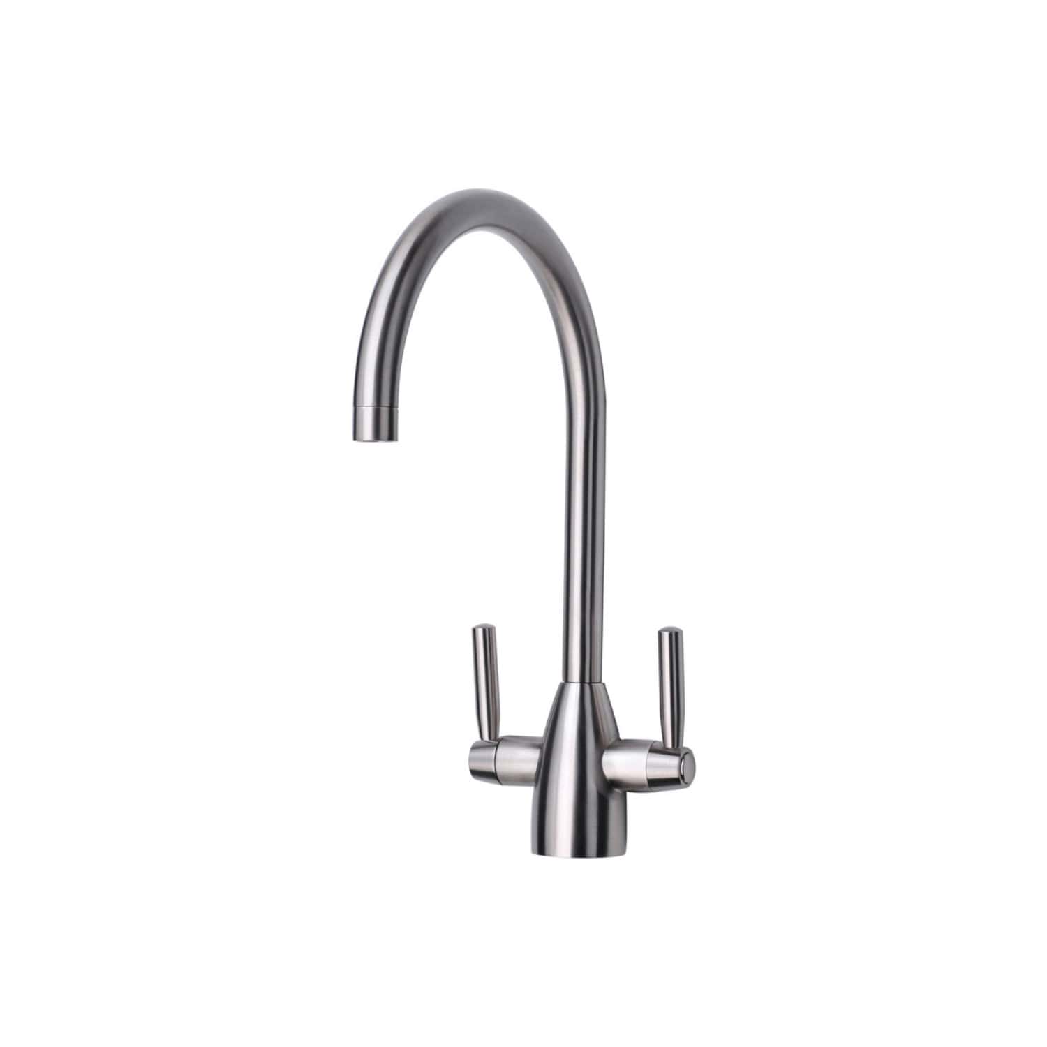 Shiny stainless steel kitchen tap with dual handles and high-arc spout, ideal for modern bathroom or kitchen renovations, offering durability and sleek design.