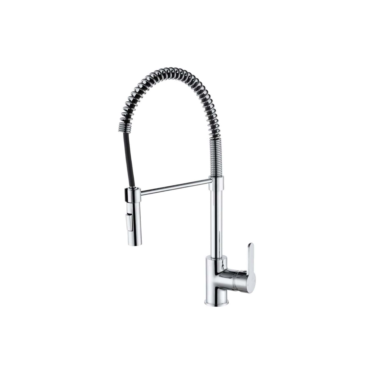 High-arch kitchen tap with flexible spring spray hose, modern chrome finish, suitable for Bubly Bathrooms' contemporary kitchen designs.