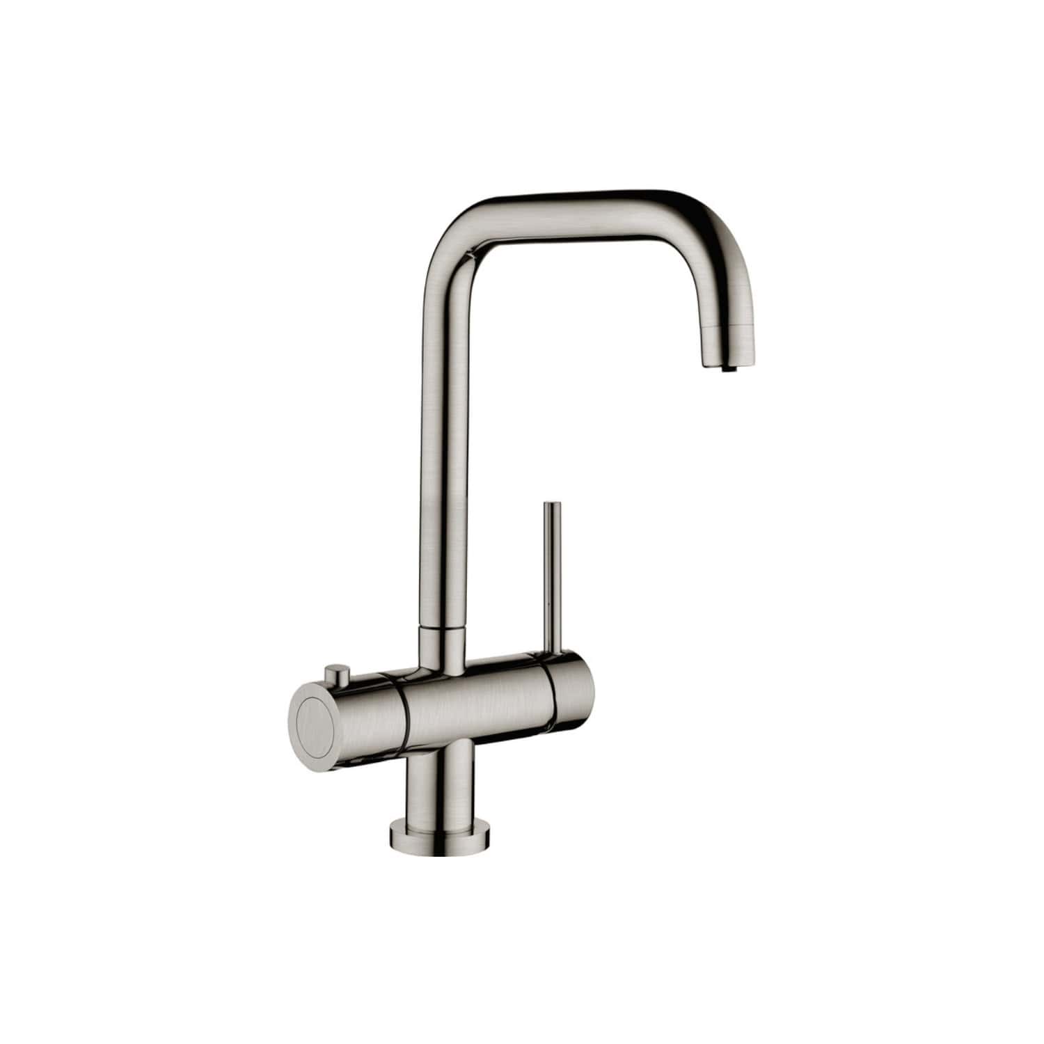Brushed stainless steel kitchen tap, modern design with high arc spout for versatile use. Ideal for contemporary bathrooms and kitchens, combining style and functionality.