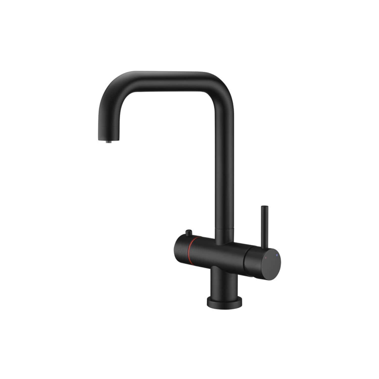 Black modern kitchen tap with a sleek, minimalist design and a single lever for precise water control, suitable for contemporary bathroom and kitchen installations.