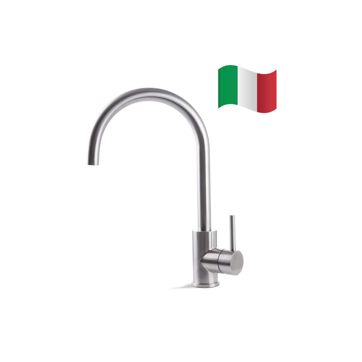 Sleek stainless steel kitchen tap with modern design, ideal for contemporary kitchens, featuring a high-arc spout and easy-to-use lever, perfect for boiling water and daily kitchen tasks, made in Italy.