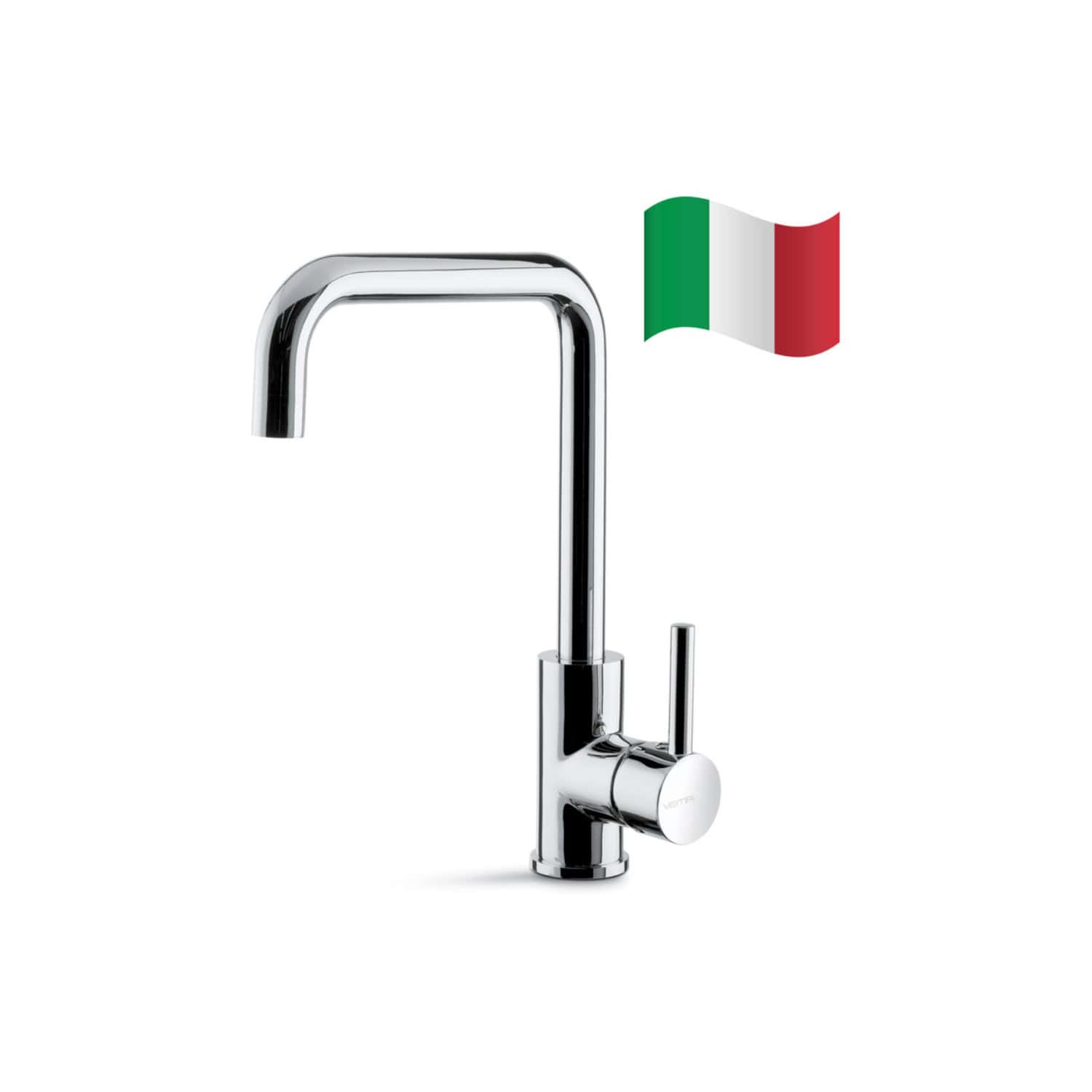 Sleek modern chrome kitchen tap with a high-arc spout, vibrant Italian flag icon, suitable for stylish and functional bathroom or kitchen design.