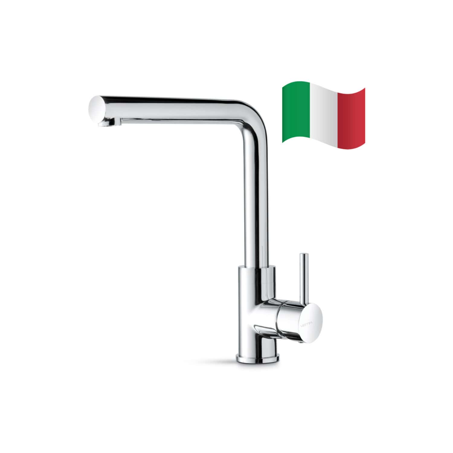 Sleek modern chrome kitchen faucet with Italian flag icon, showcasing high-quality design, perfect for contemporary bathroom and kitchen remodels.