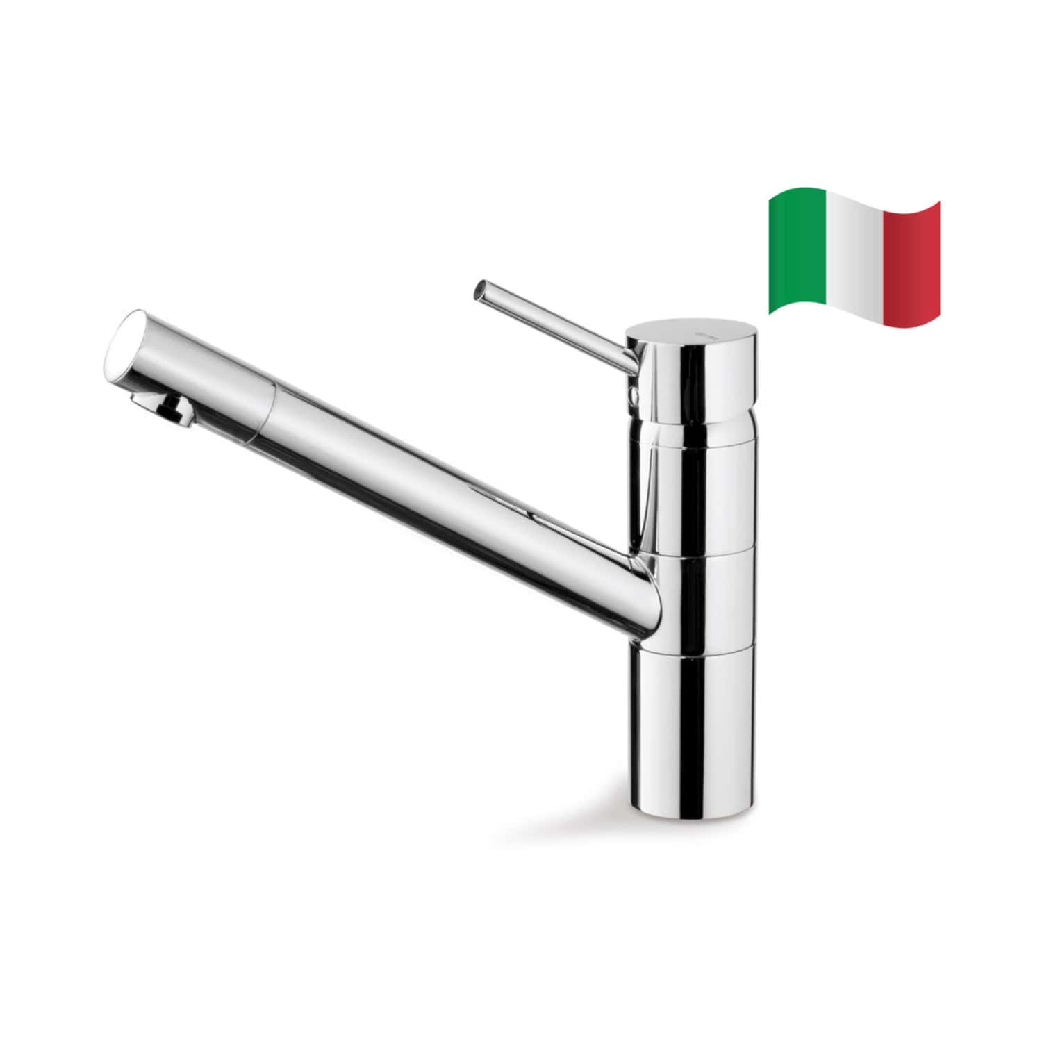 Sleek chrome kitchen or bathroom tap with a modern design on a plain background, featuring an Italian flag. Perfect for contemporary renovation projects, combining style and functionality.
