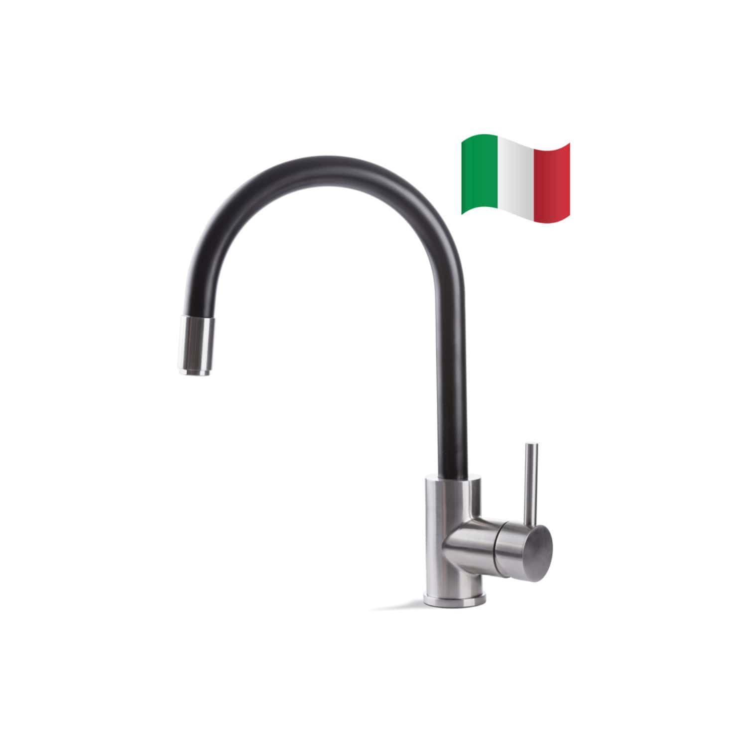 Sleek modern black and stainless steel kitchen tap with a curved spout and single lever handle, perfect for contemporary bathroom and kitchen renovations, featuring Italian design.