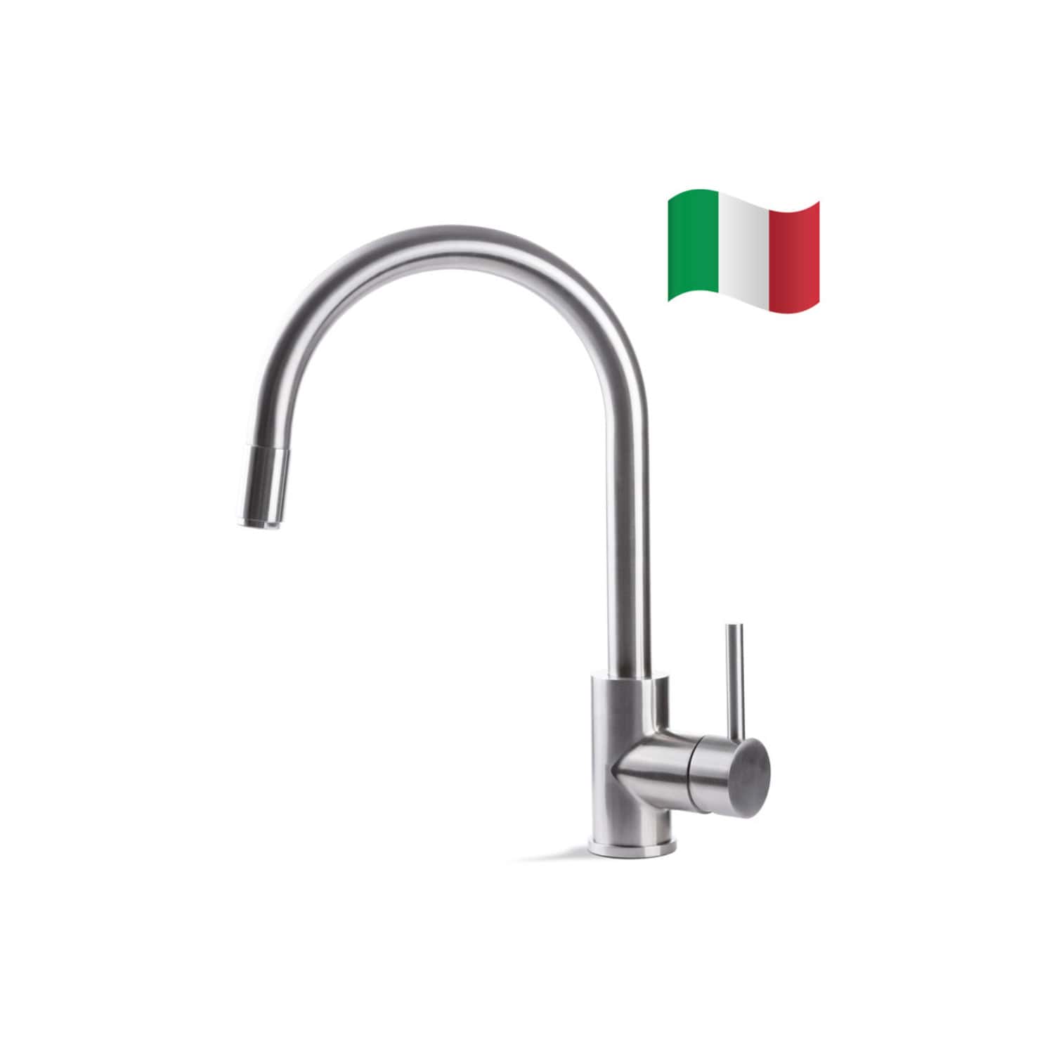 Sleek modern stainless steel kitchen tap with a high curved spout and single lever handle, suitable for contemporary Bubly bathrooms, designed for durability and style.