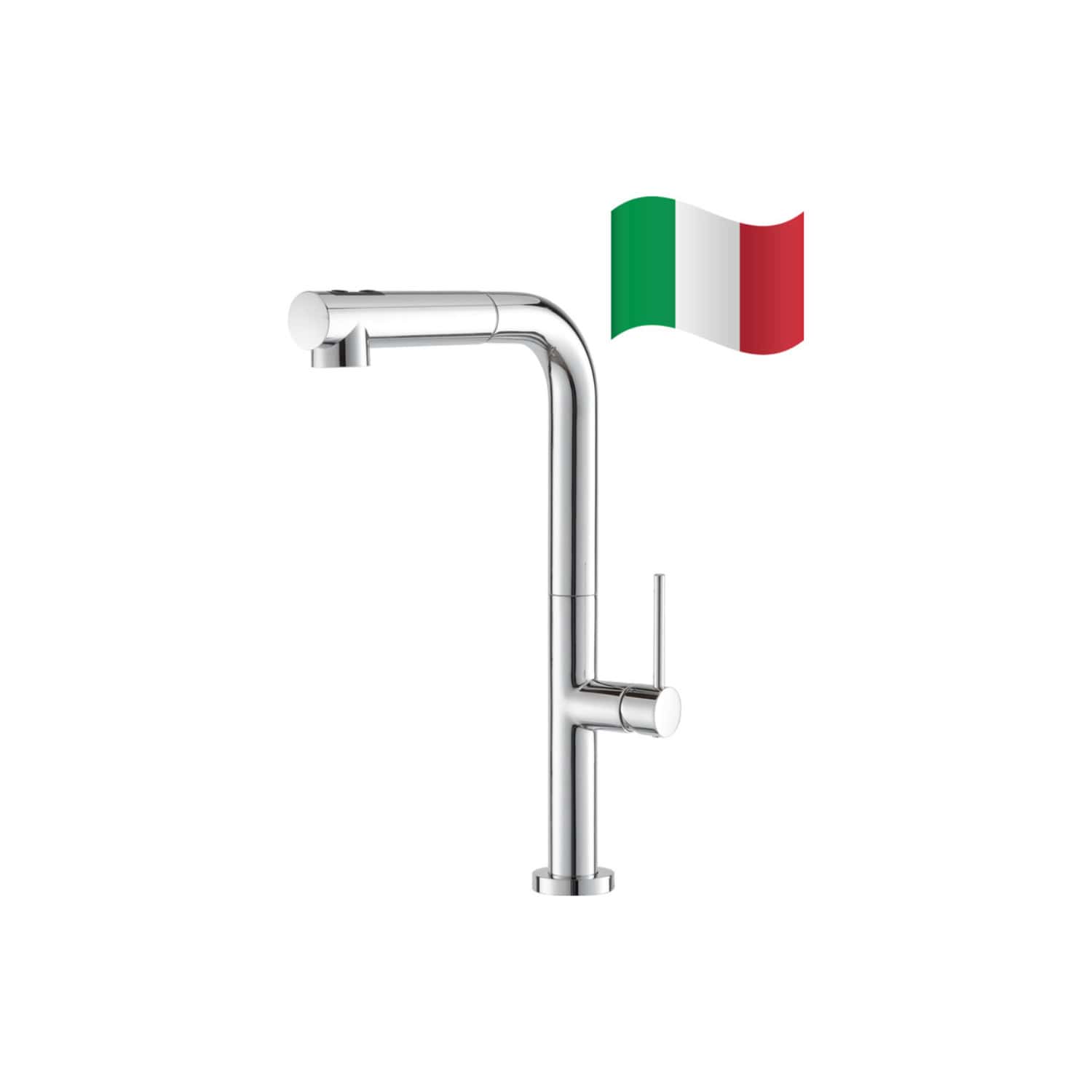 Sleek modern chrome kitchen or bathroom tap with Italian flag icon, featuring a minimalist design and high-quality finish, perfect for contemporary renovations.