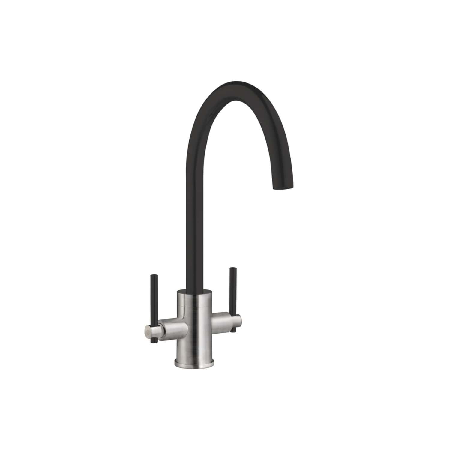 Sleek black and stainless steel kitchen faucet with modern design, featuring dual handles for precise control, ideal for contemporary Bubly bathrooms and kitchen renovations.