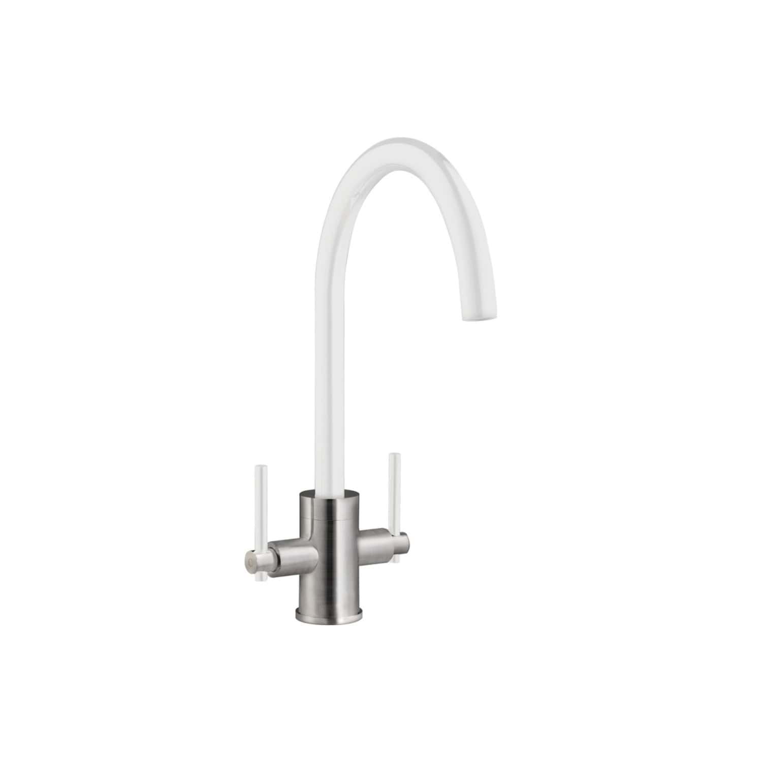 Sleek stainless steel kitchen tap with a high curved spout and dual lever handles, ideal for modern bathroom or kitchen remodels, offering durability and contemporary style.