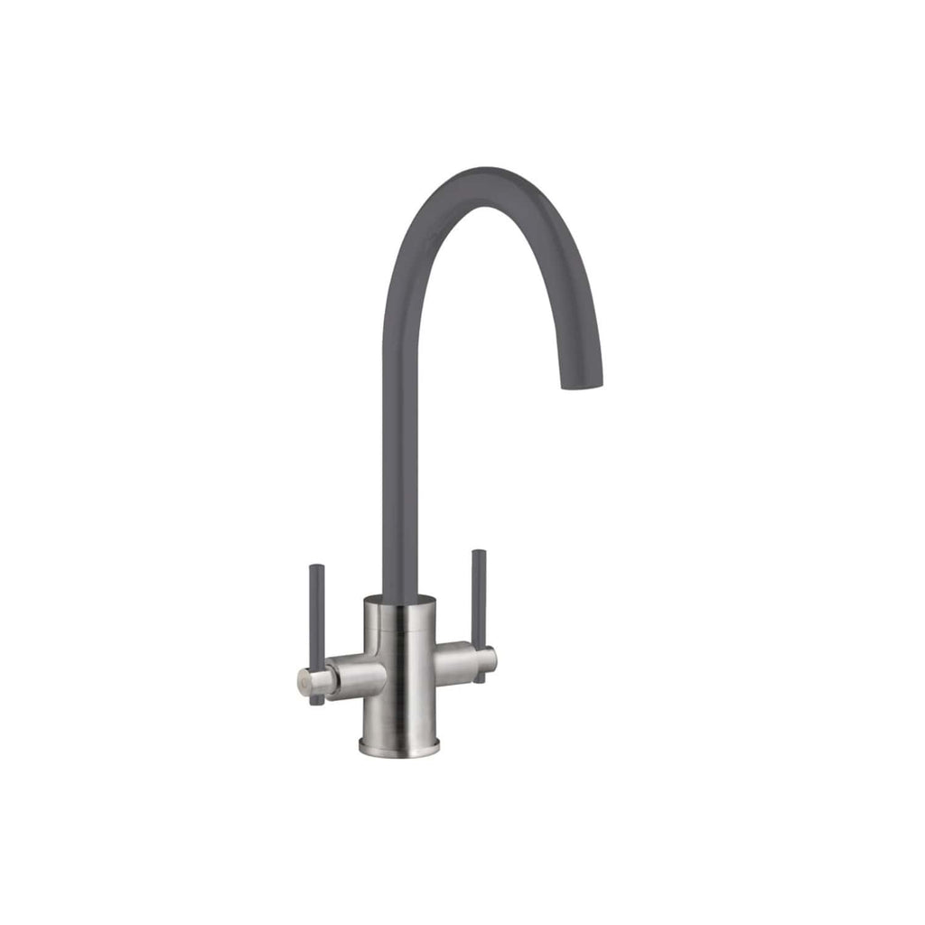 Sleek modern kitchen tap with grey finish and dual handles, ideal for contemporary bathroom or kitchen sink installations. Durable stainless steel construction with stylish design.