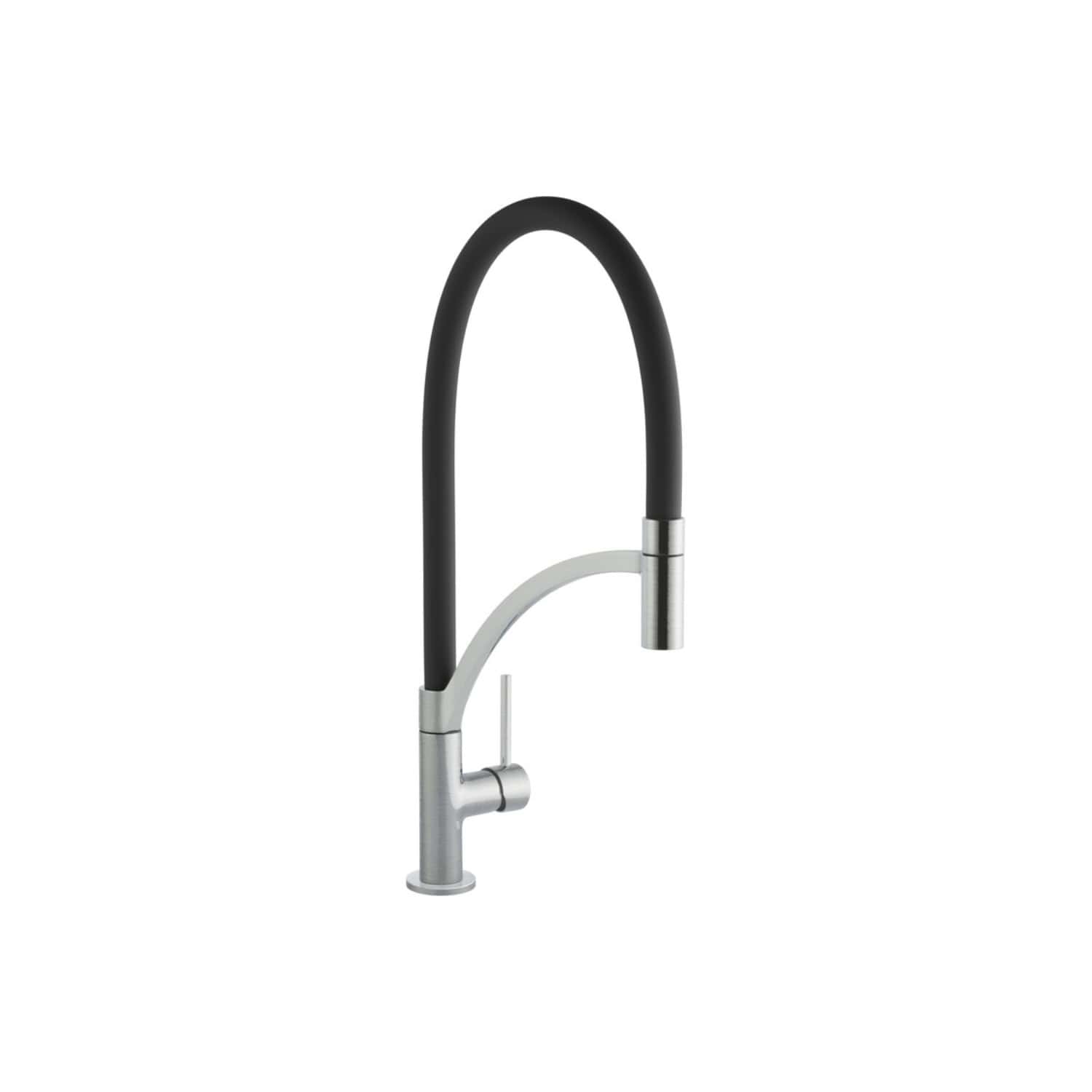 Modern black and silver kitchen tap with flexible spout and single lever handle, ideal for contemporary bathroom or kitchen sink installations.