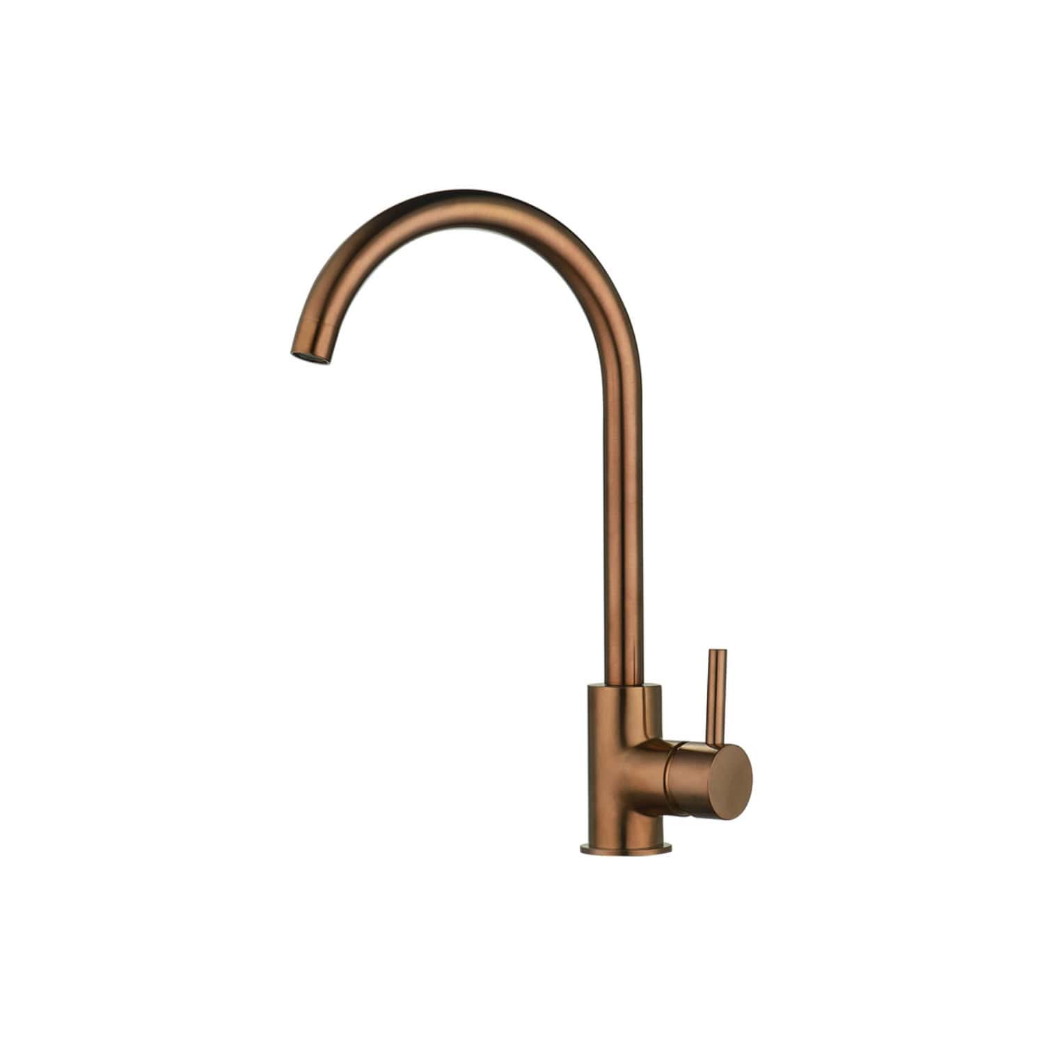 Sleek copper kitchen tap with high-arc spout and modern lever handle, perfect for contemporary bathroom or kitchen plumbing installations. Durable and stylish design from Bubly Bathrooms.