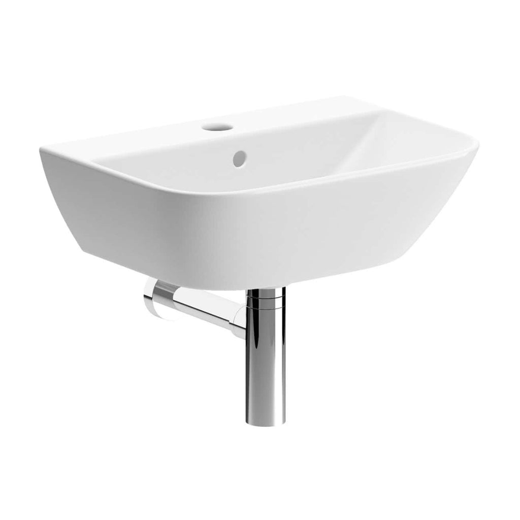 Sleek white wall-mounted bathroom sink with chrome drain pipe, minimalist design, ideal for modern bathrooms and washrooms.