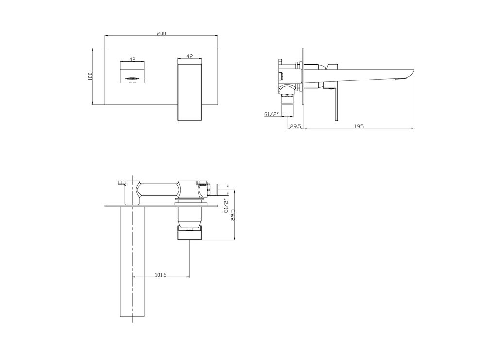 Scudo Muro Wall Mounted Bath Mixer Tap - technical drawing with dimensions