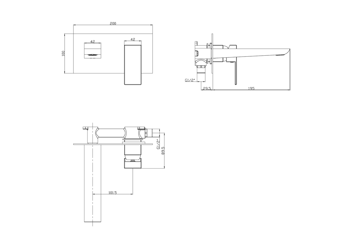 Scudo Muro Wall Mounted Bath Mixer Tap - technical drawing with dimensions