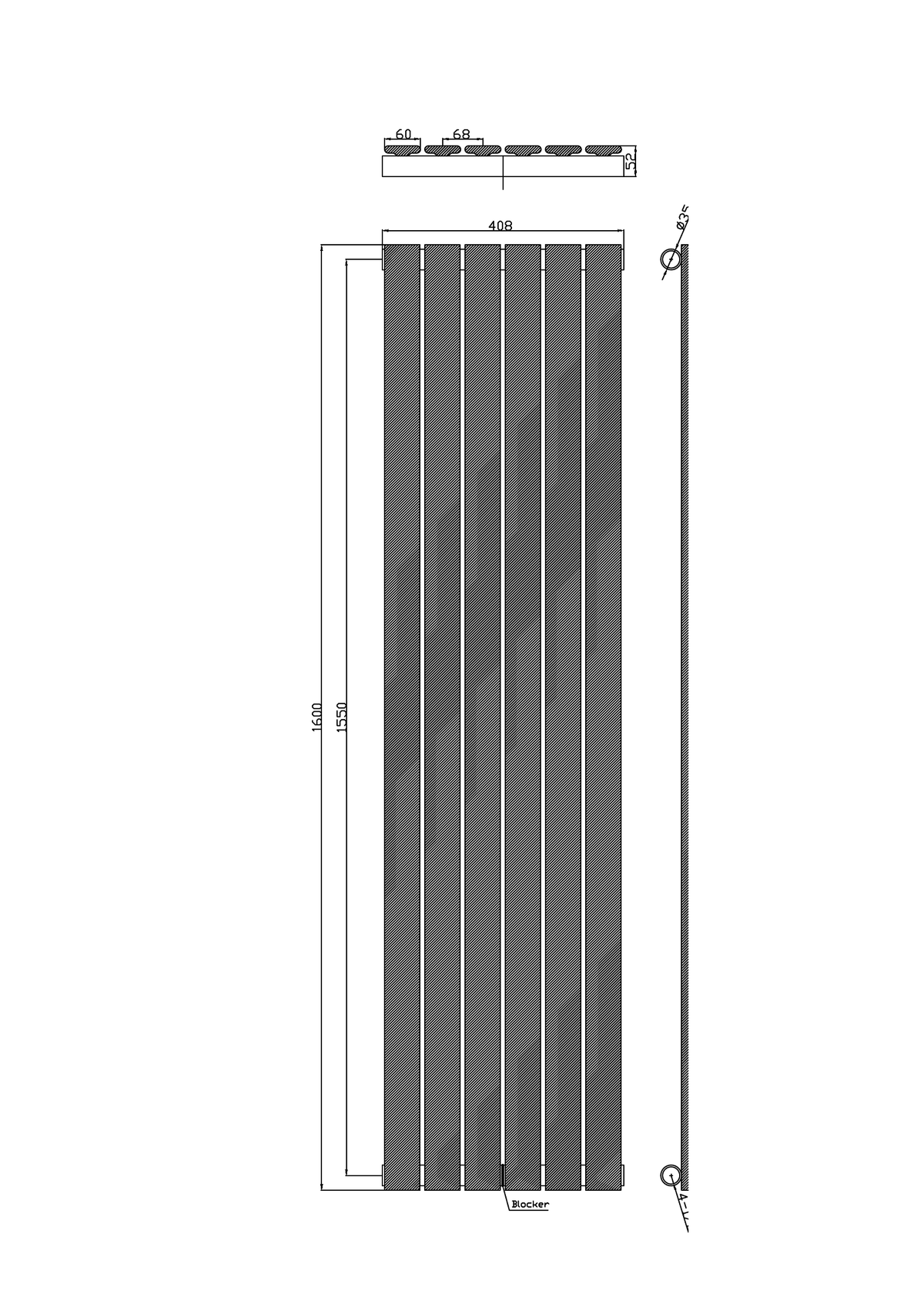 Scudo Bravo Vertical White Designer Radiator - technical drawing with dimensions