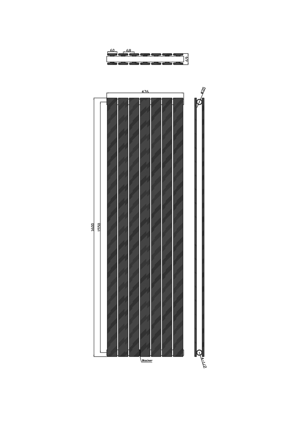 Scudo Bravo Vertical Anthracite Double Designer Radiator - technical drawing with dimensions