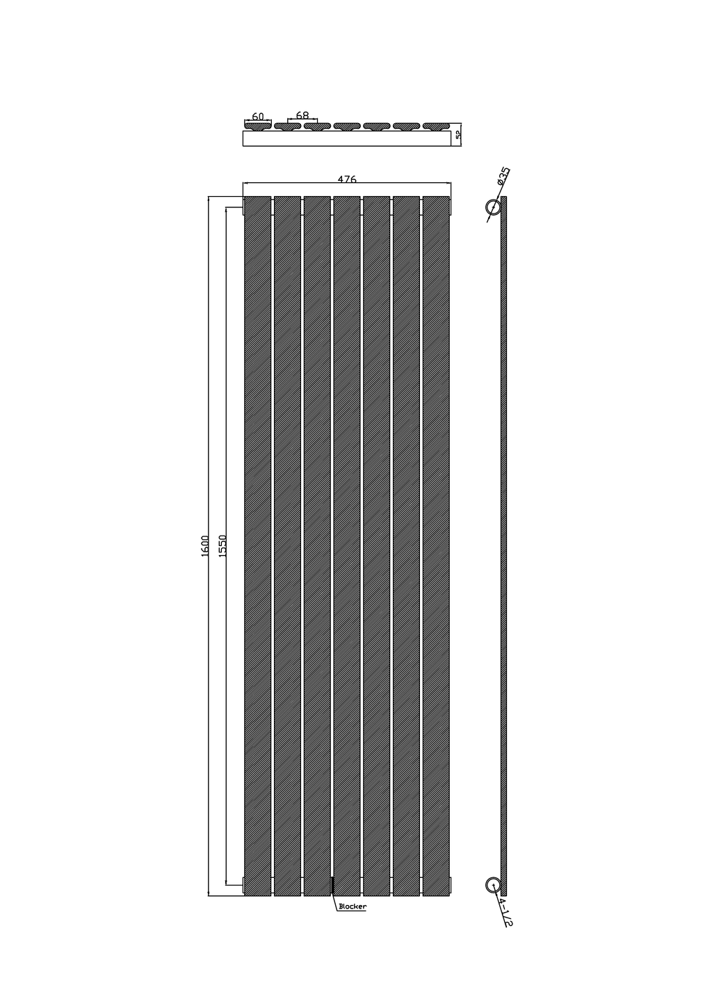 Scudo Bravo Vertical Anthracite Designer Radiator - technical drawing with dimensions